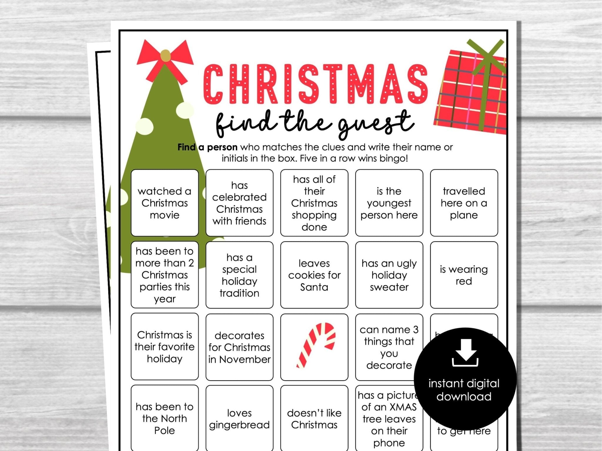 Christmas Find Someone Who Party Game, Printable Find the Guest Bingo, Game for Adults & Kids