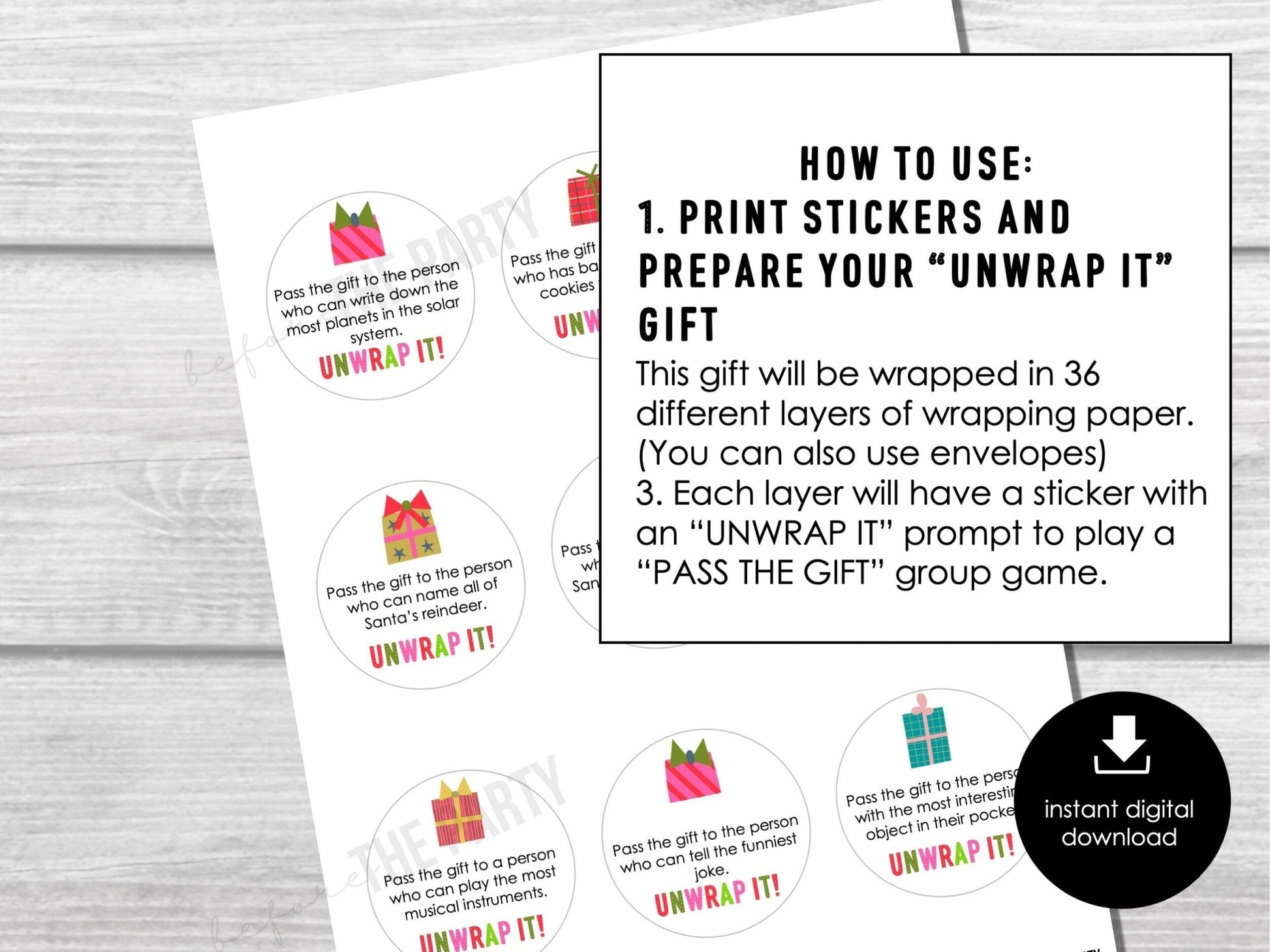 Christmas Pass The Gift, Group Unwrapping Game Stickers, Pass the Parcel Prompts, Unwrap the Gift Game, Pass the Prize, Holiday Party Game