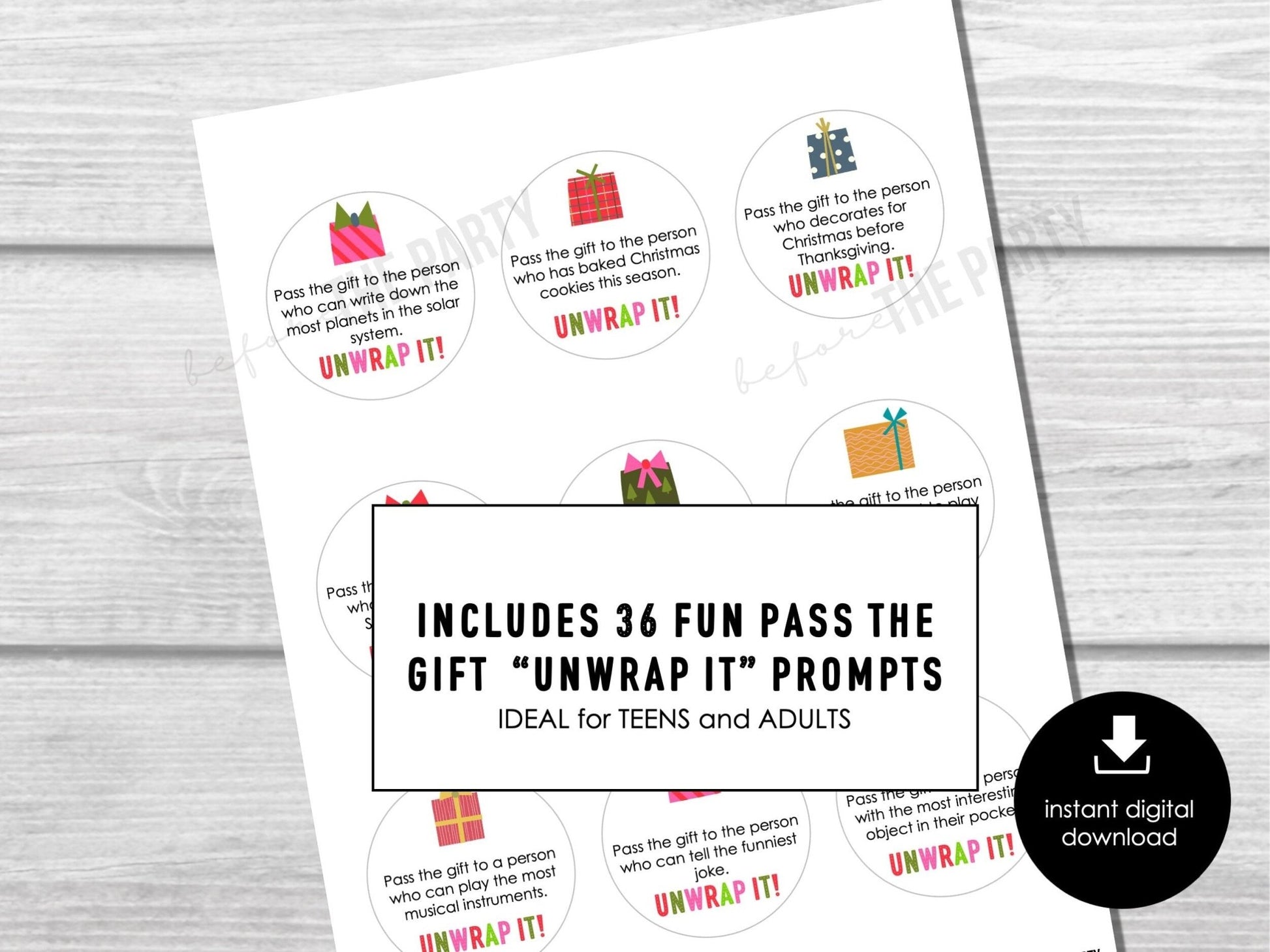 Christmas Pass The Gift, Group Unwrapping Game Stickers, Pass the Parcel Prompts, Unwrap the Gift Game, Pass the Prize, Holiday Party Game