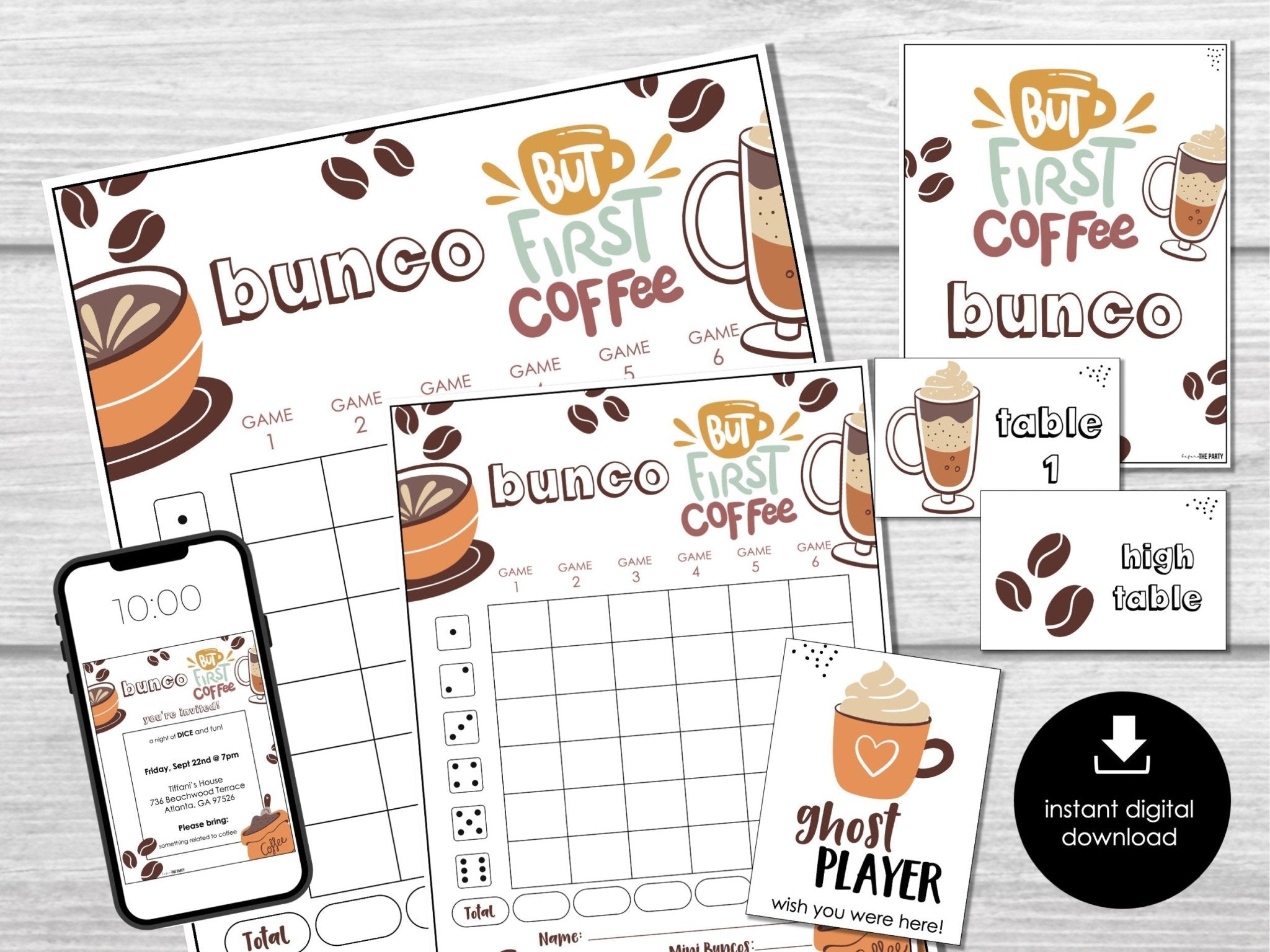 Coffee Lovers Bunco Score Sheets, Coffee Party Bunco, Bunco Score Cards, Bunco Table Cards