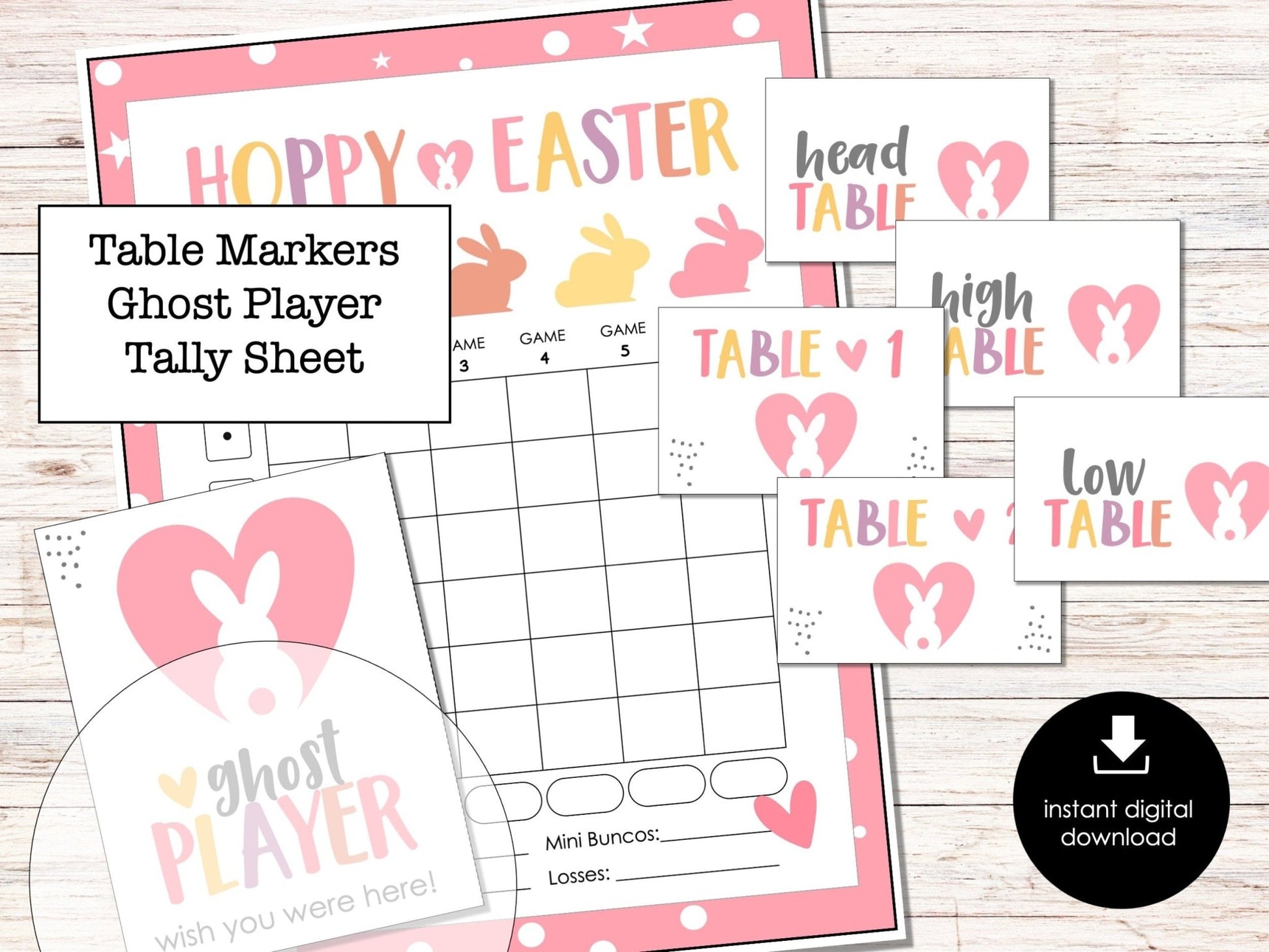 Hoppy Easter Bunco Score Sheets with editable invitation, table markers, ghost player | welcome sign