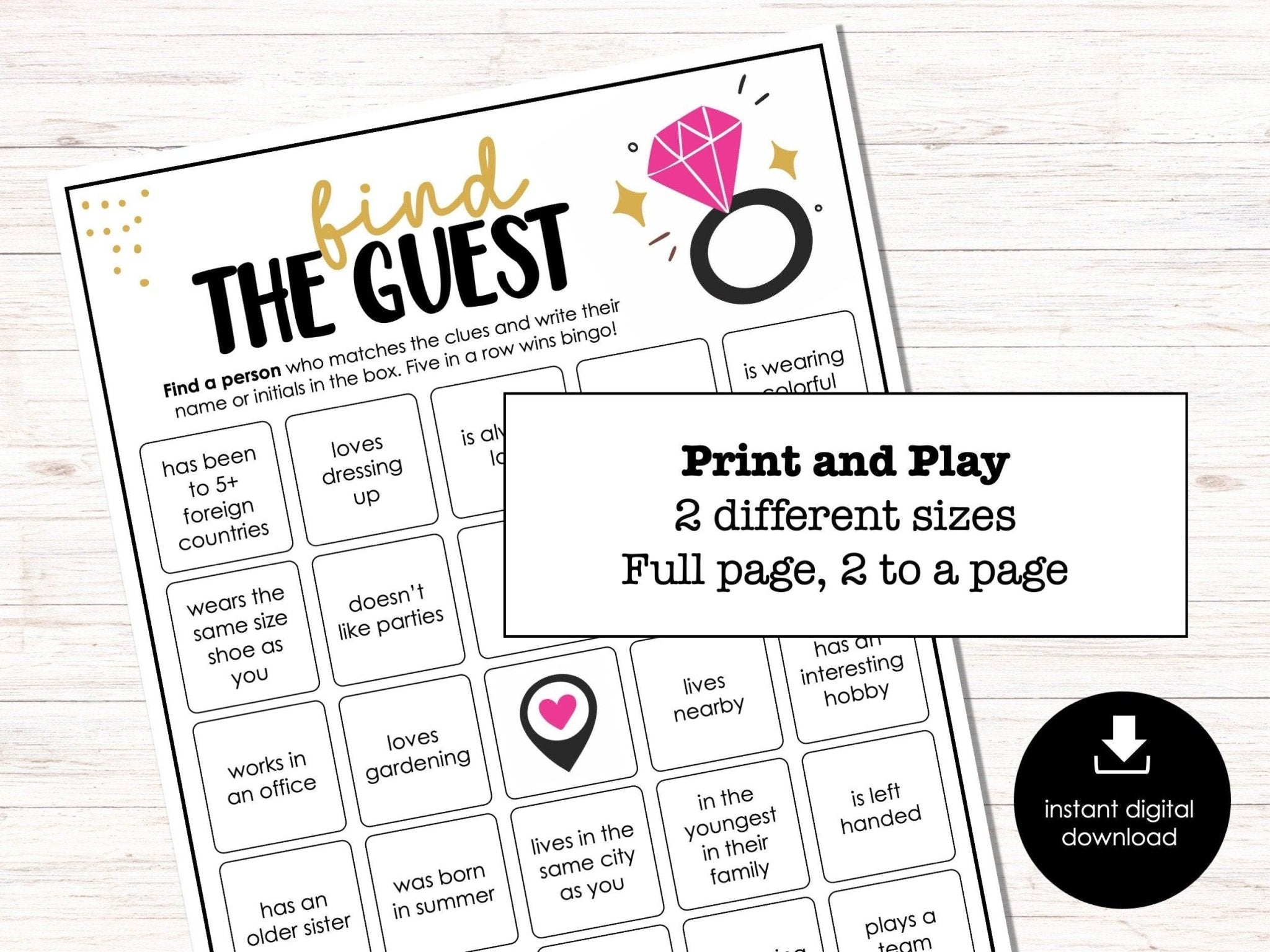 Engagement Party Game, Wedding Bingo Game, Find the Guest, Icebreaker, Printable Wedding Shower Game for Groups