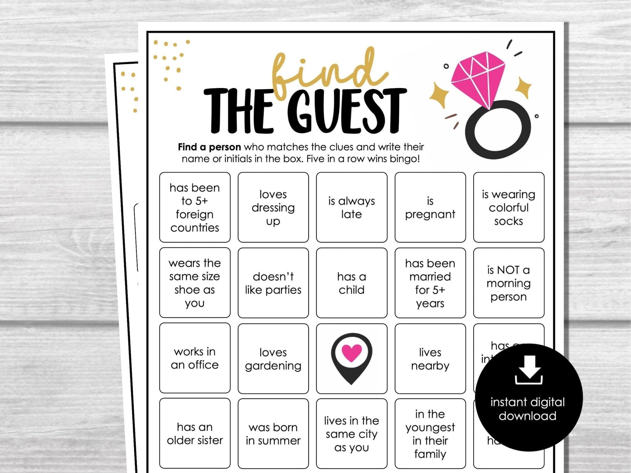 Engagement Party Game, Wedding Bingo Game, Find the Guest, Icebreaker, Printable Wedding Shower Game for Groups