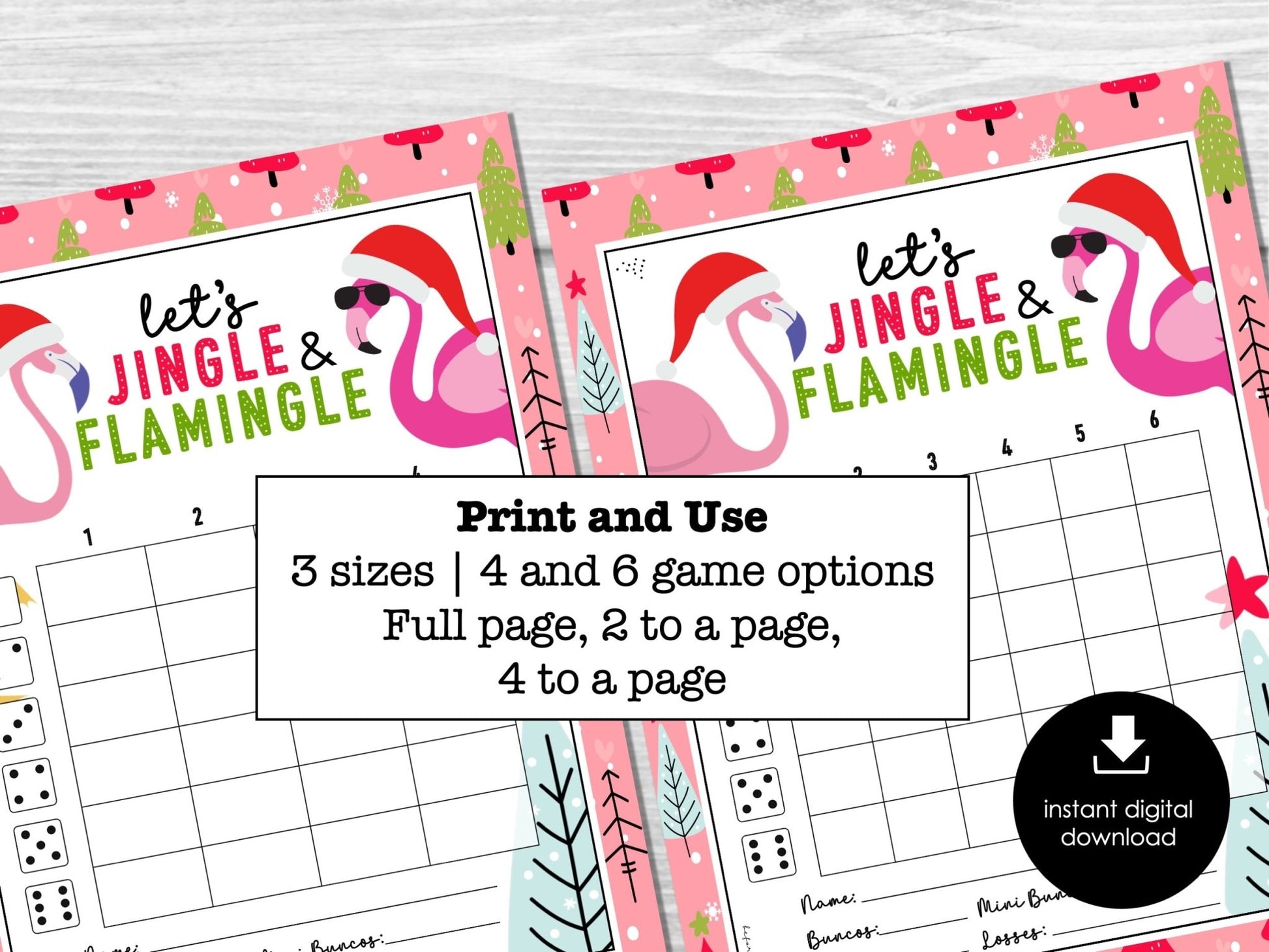 Flamingo Christmas Bunco Score Sheets, Flamingle December Bunco Cards