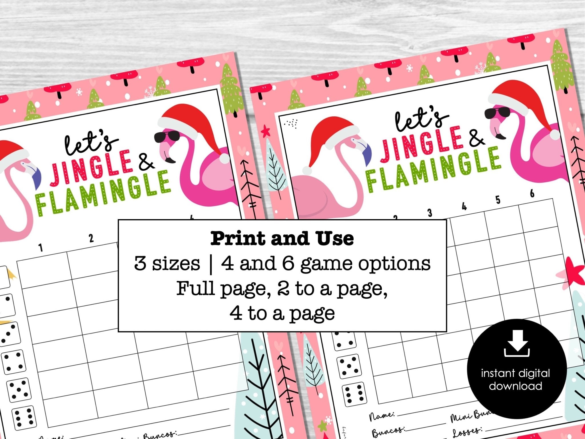 Flamingo Christmas Bunco Score Sheets, Flamingle December Bunco Cards