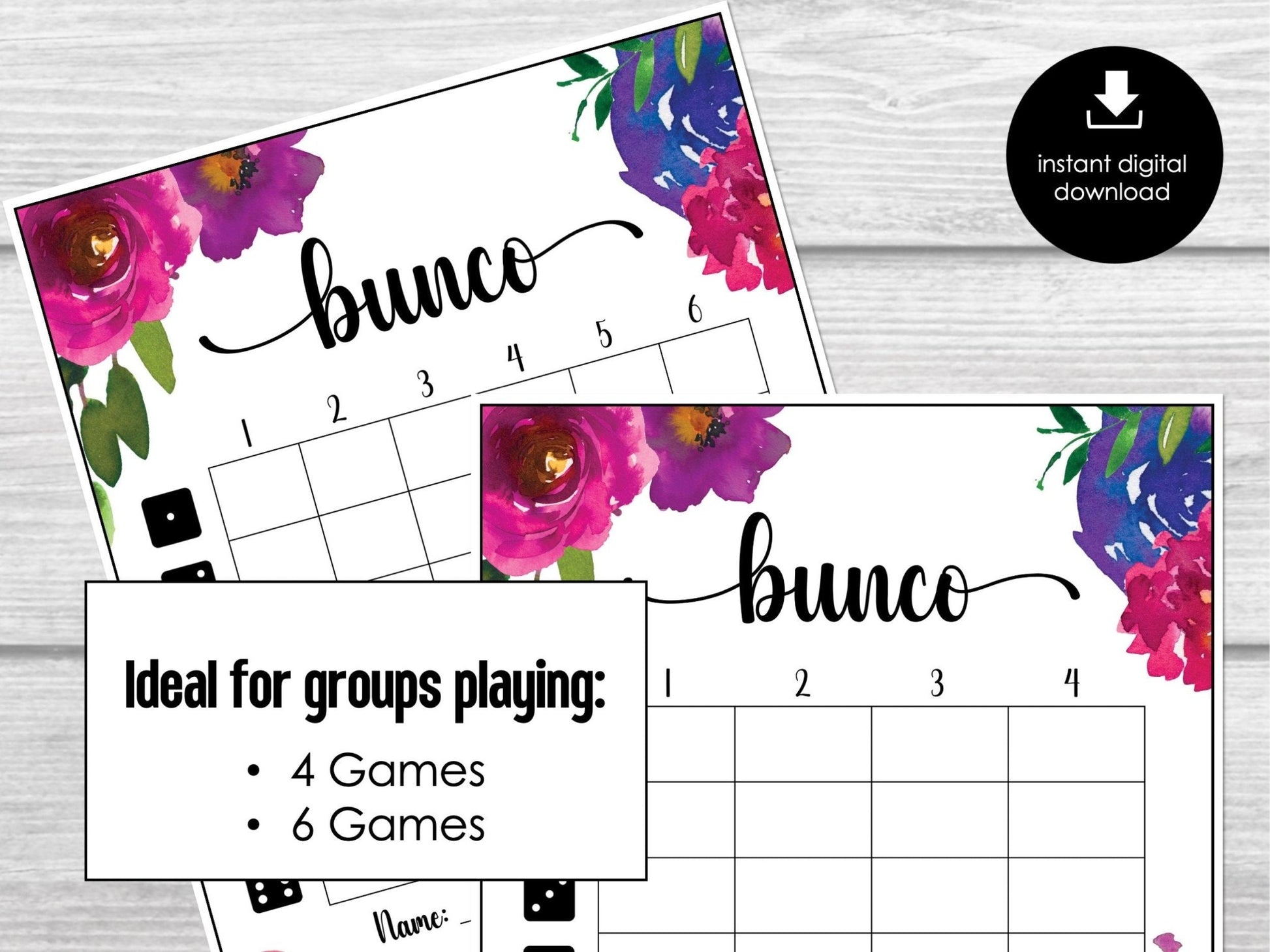 Floral Bunco Score Cards, Simple Bunco Score Sheets, Floral Bunco Party Kit, Tally Sheets