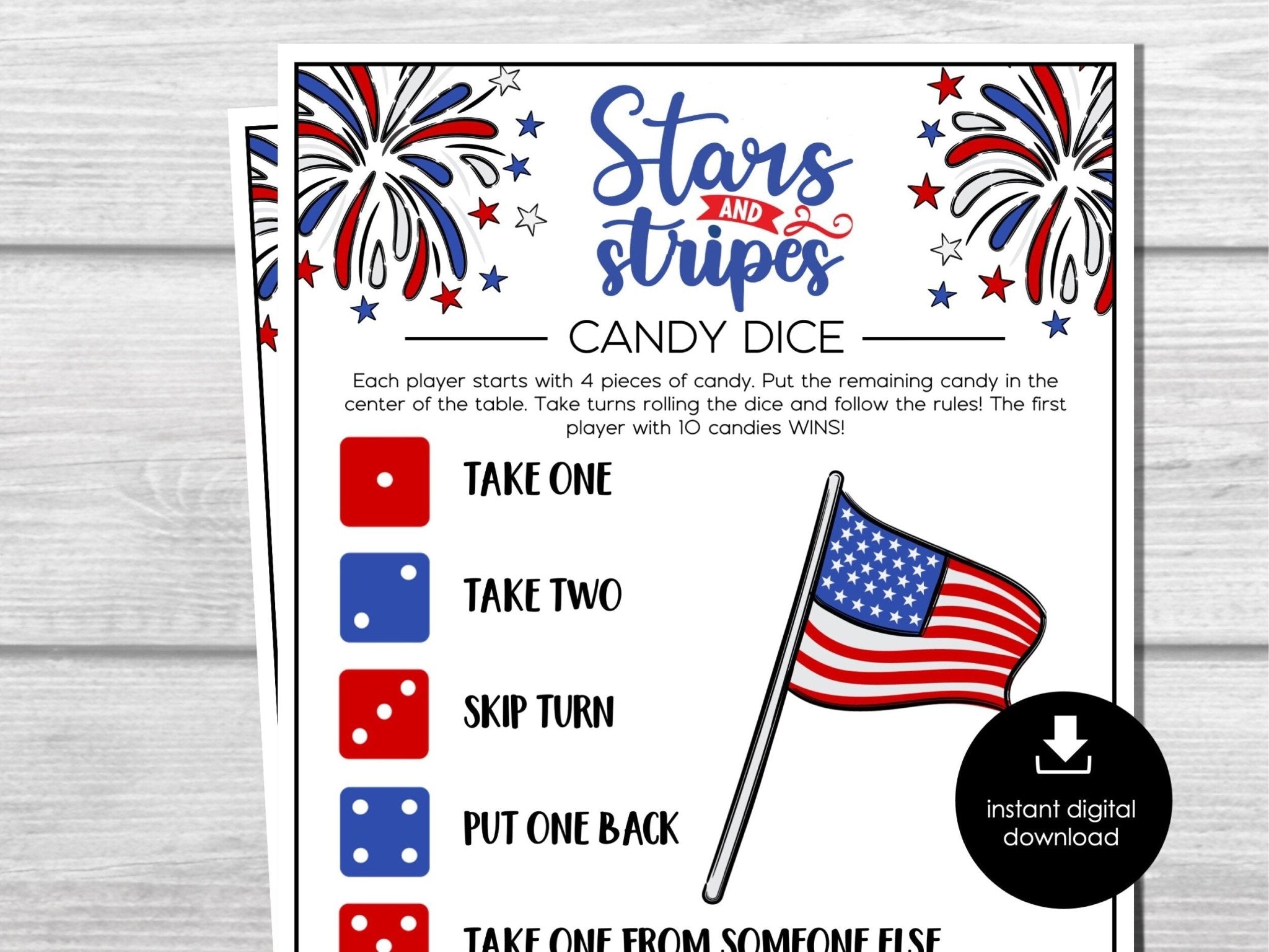 Fourth of July Candy Dice Game, Patriotic Party Game, Labor Day Games, Memorial Day Games for Kids and Adults