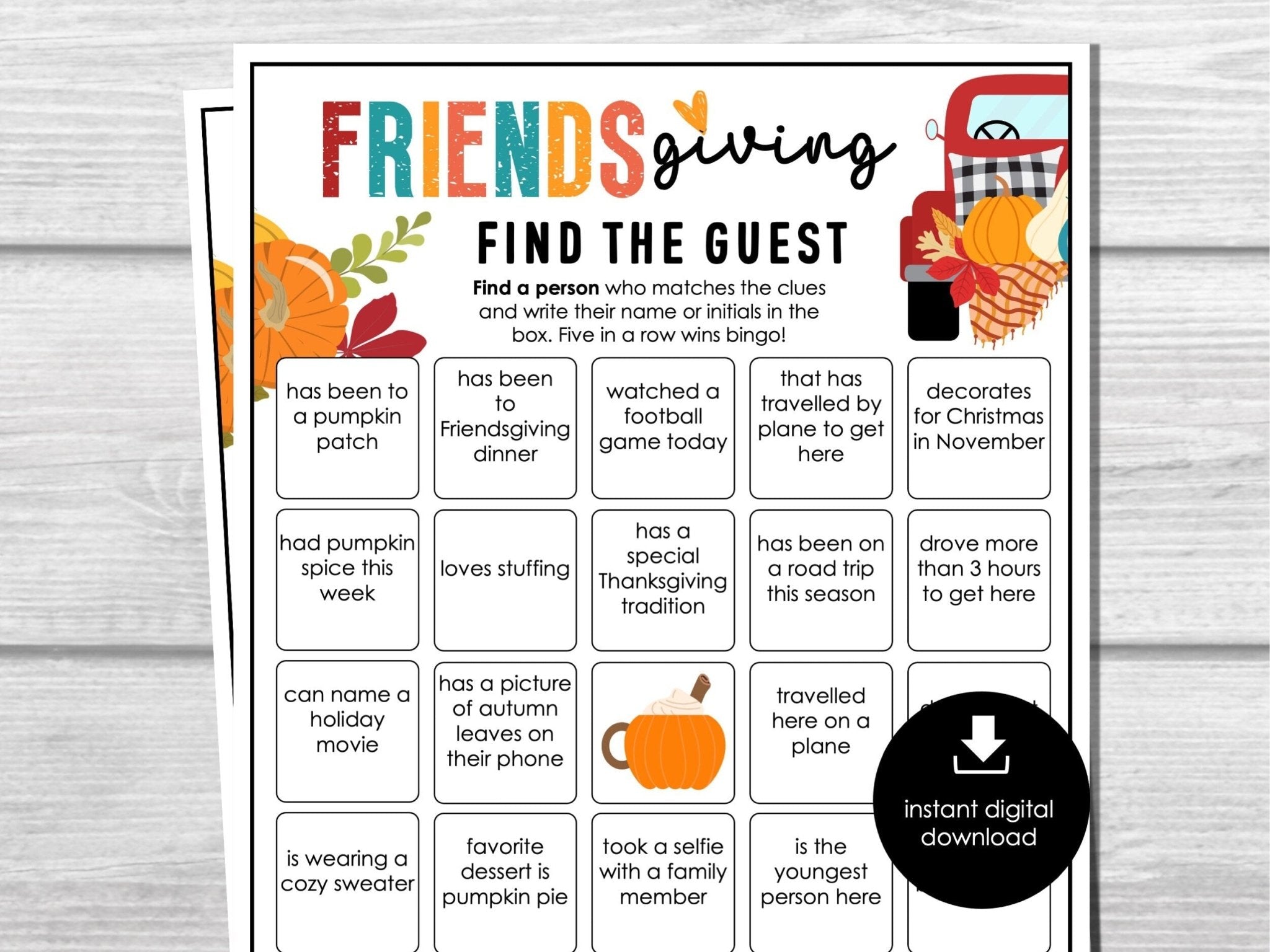 Friendsgiving Find Someone Who Party Game, Find the Guest Bingo, Thanksgiving Adults & Kids