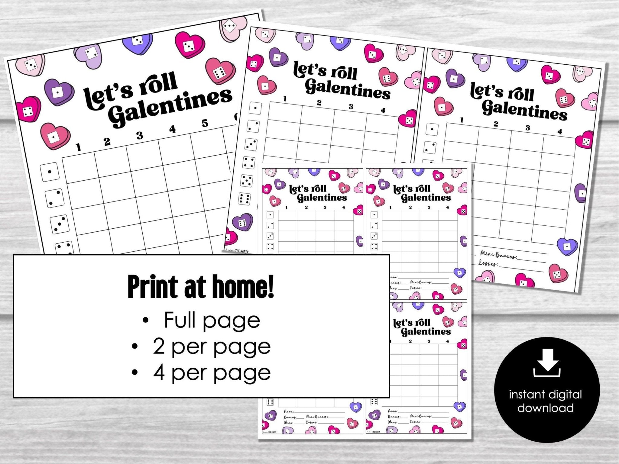 Galentine's Day Bunco Score Cards, Valentines Bunco Score Sheets, Heart Bunco Tally Sheets, Table Numbers