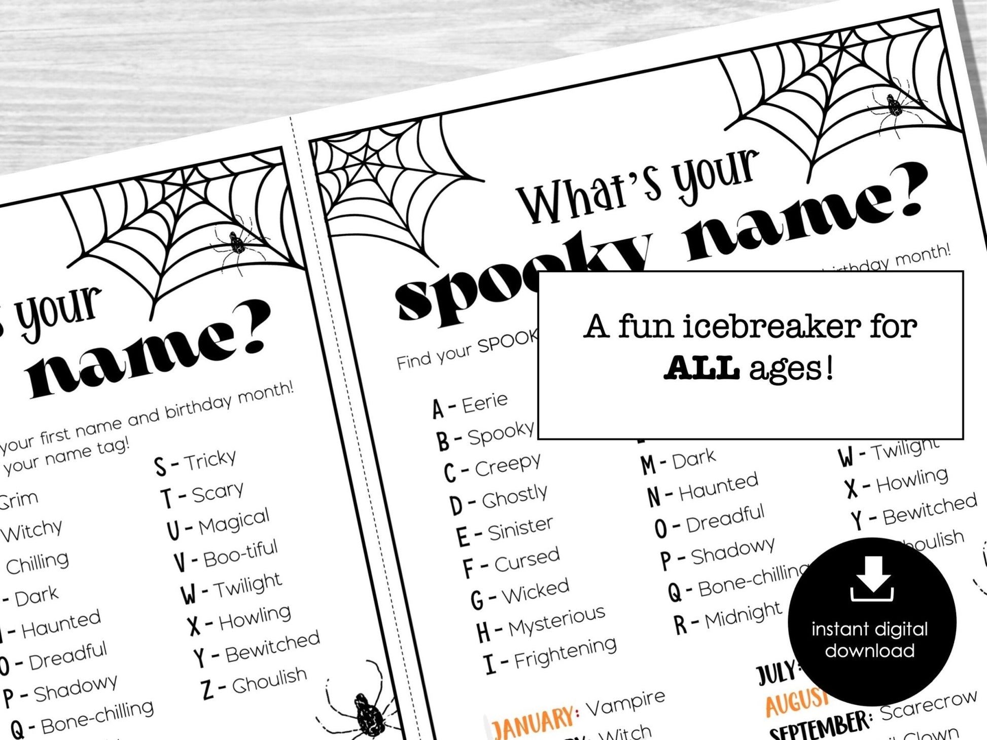Halloween Spooky Name Game, Halloween Name Tags and Sign, Party Ice Breaker