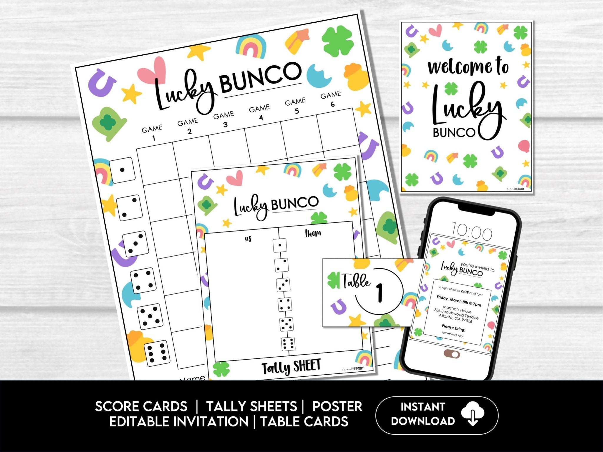 March Bunco Score Sheets - Lucky Theme with Tally Sheets - Bunco Invitation