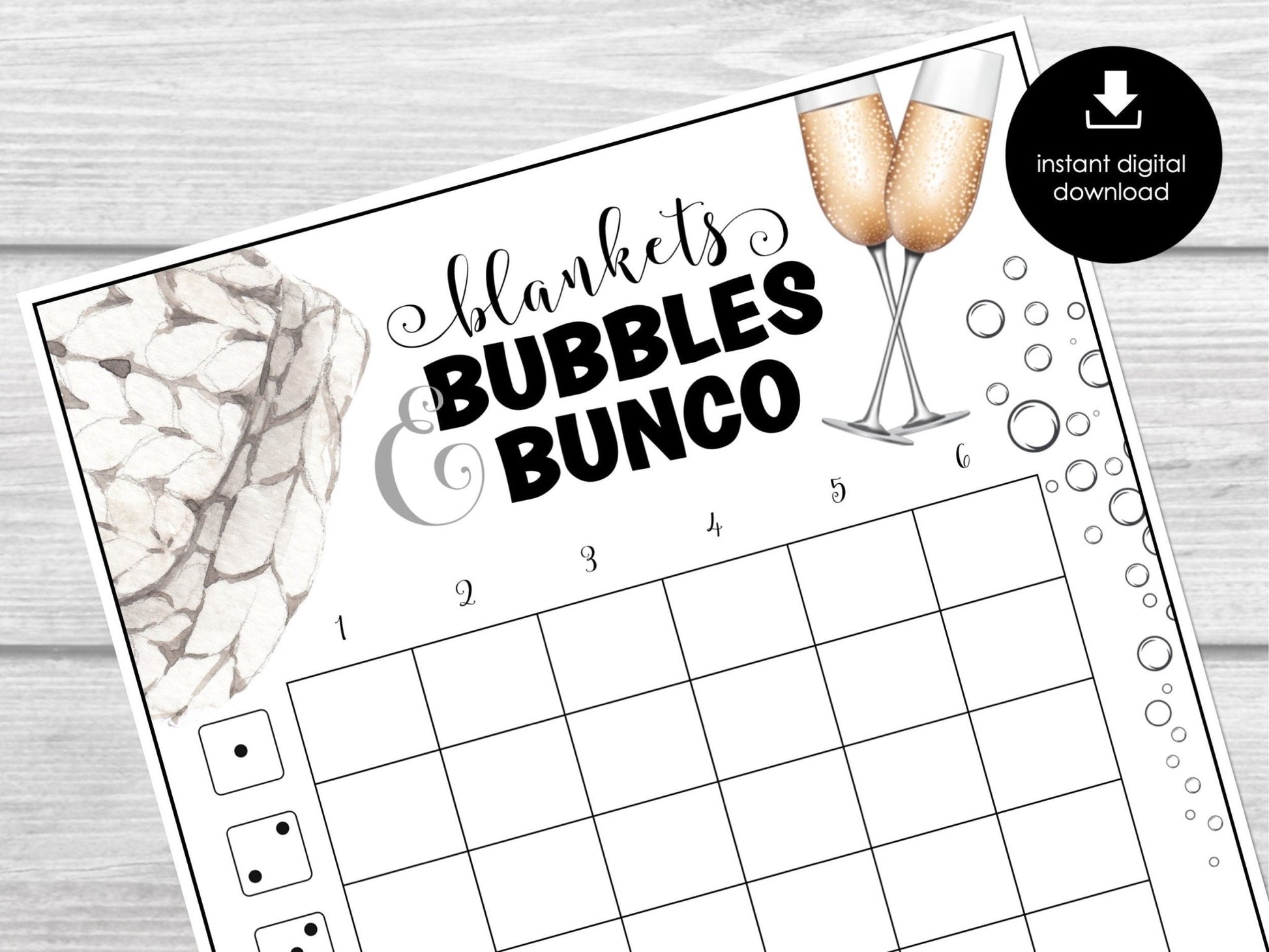 Bubbles and Blankets - Cozy New Year's Eve Bunco Score Sheets, Bunco Score Sheets for New Year Party