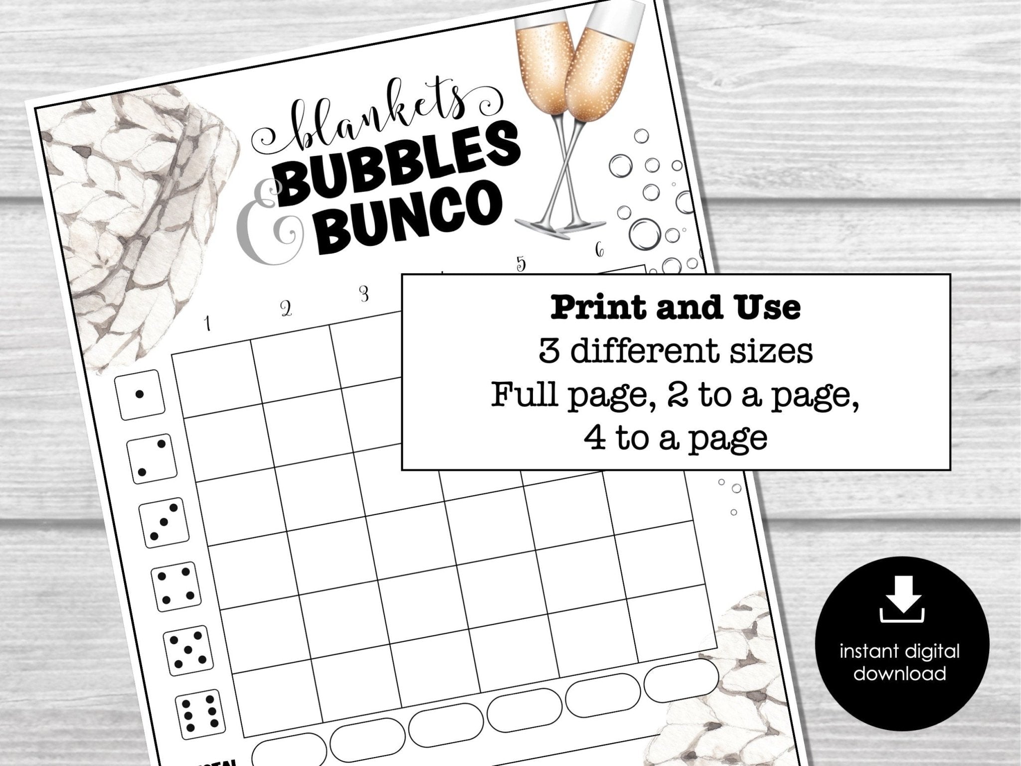 Bubbles and Blankets - Cozy New Year's Eve Bunco Score Sheets, Bunco Score Sheets for New Year Party