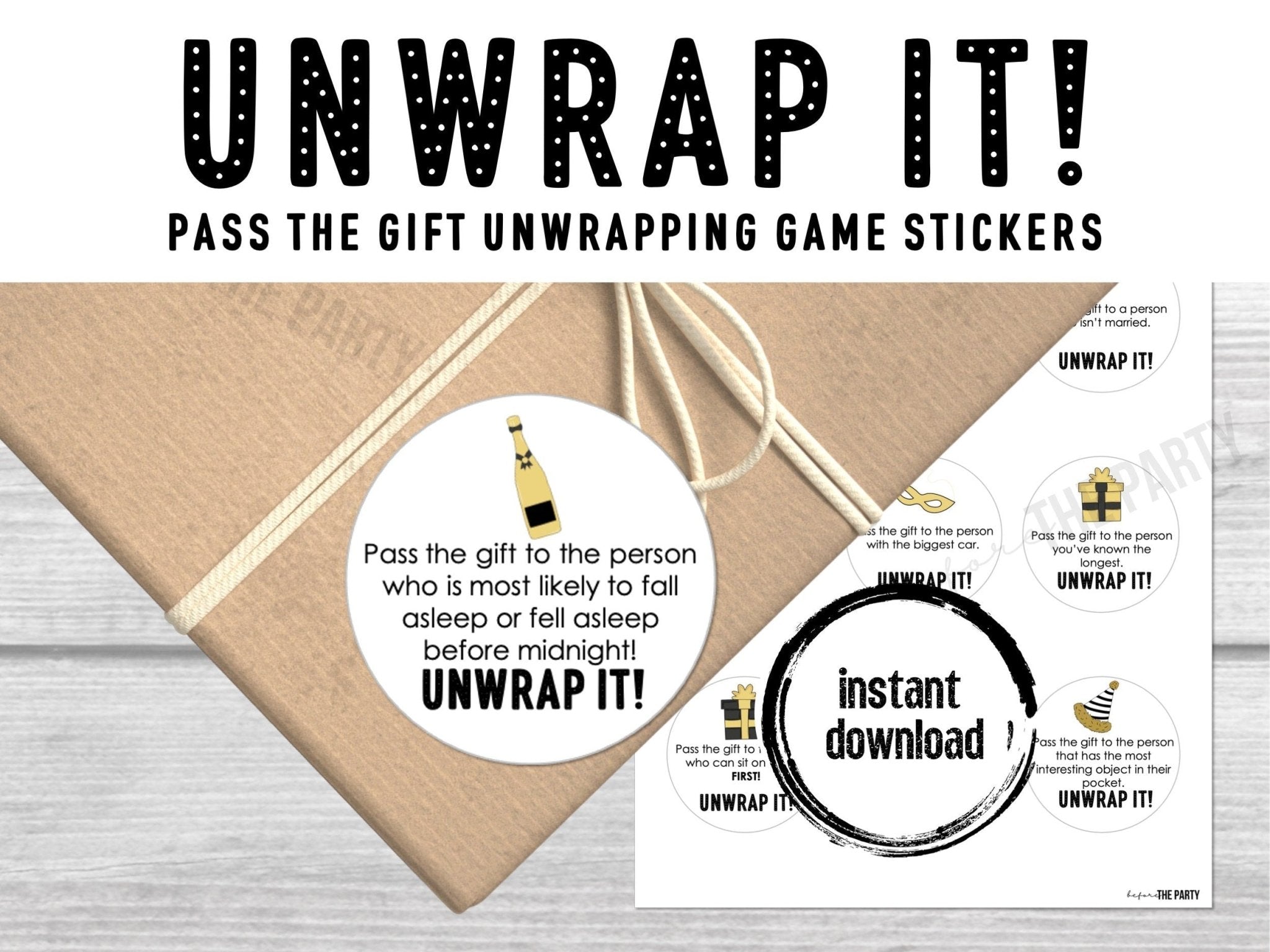 New Year's Pass The Gift, Group Unwrapping Game Stickers, Pass the Parcel Prompt, Unwrap the Gift, Pass the Prize