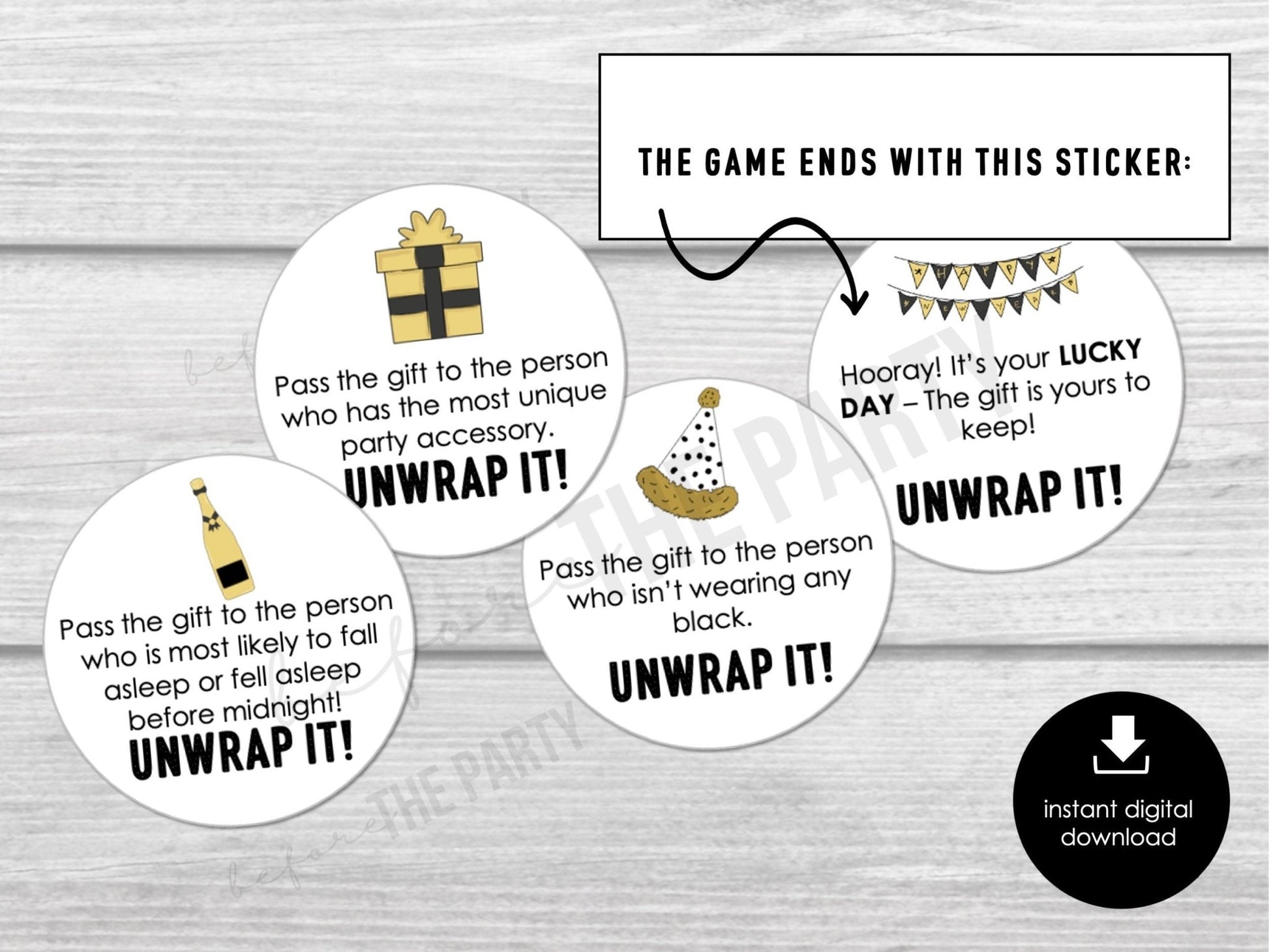 New Year's Pass The Gift, Group Unwrapping Game Stickers, Pass the Parcel Prompt, Unwrap the Gift, Pass the Prize