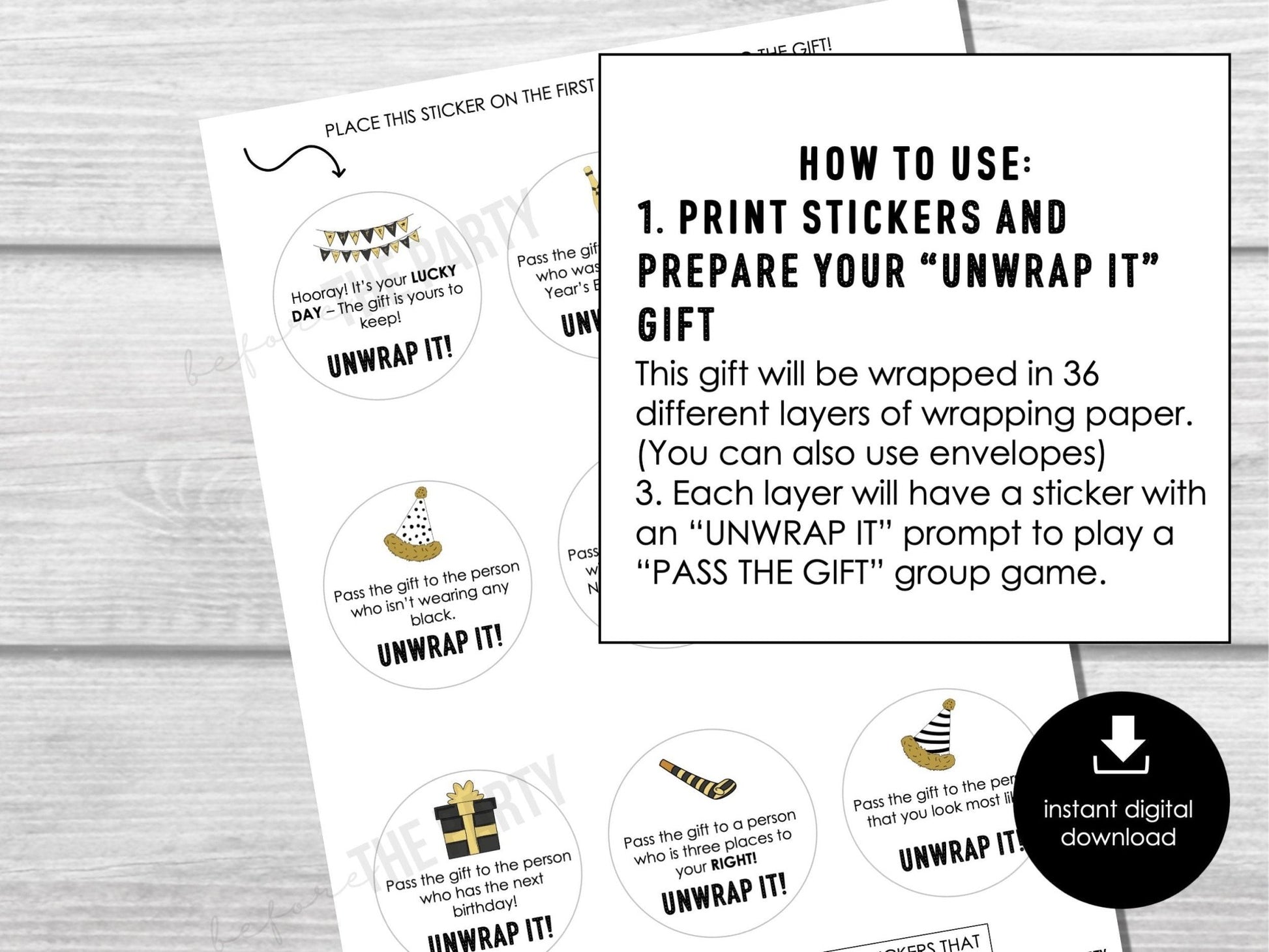 New Year's Pass The Gift, Group Unwrapping Game Stickers, Pass the Parcel Prompt, Unwrap the Gift, Pass the Prize