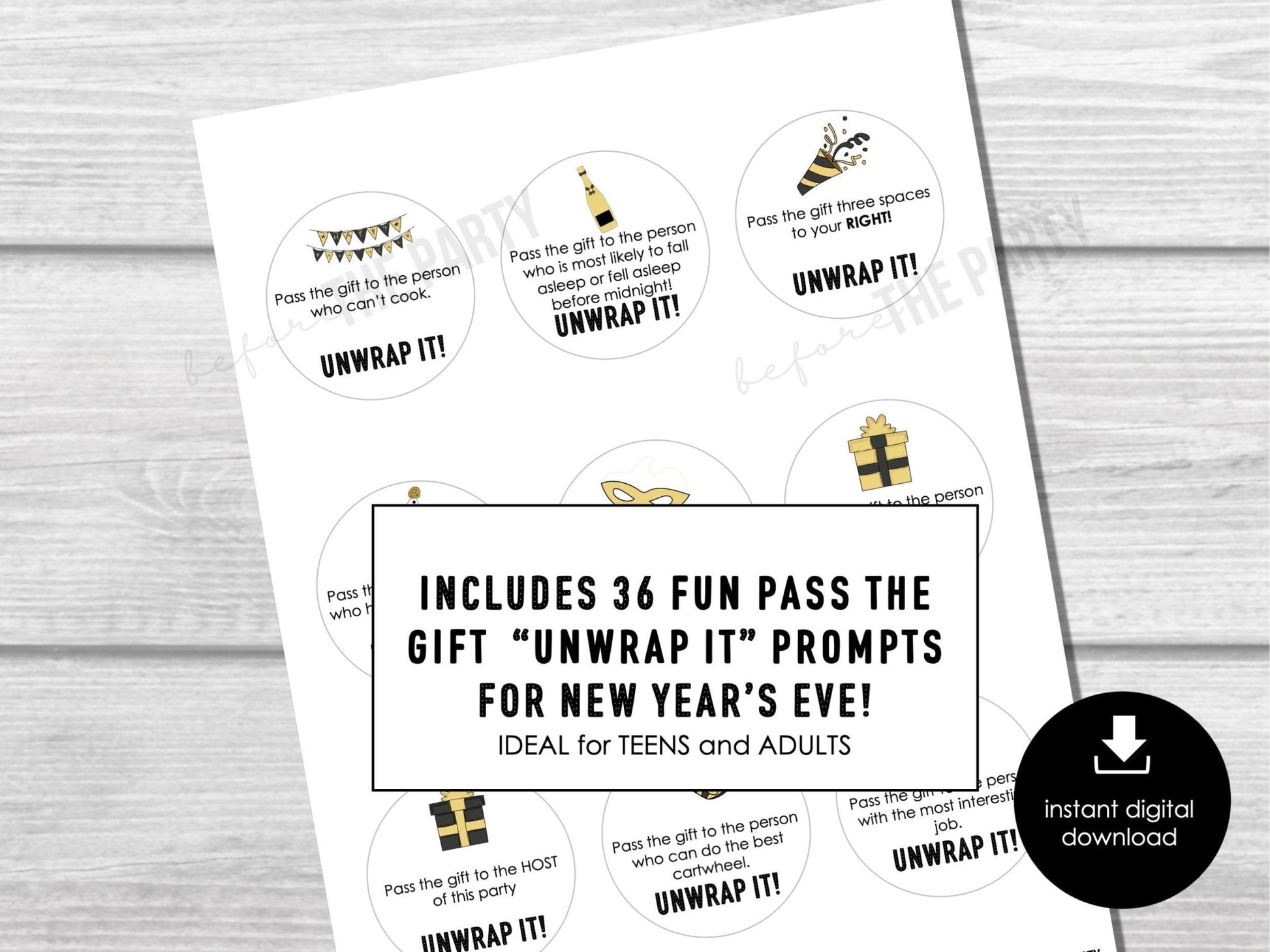 New Year's Pass The Gift, Group Unwrapping Game Stickers, Pass the Parcel Prompt, Unwrap the Gift, Pass the Prize