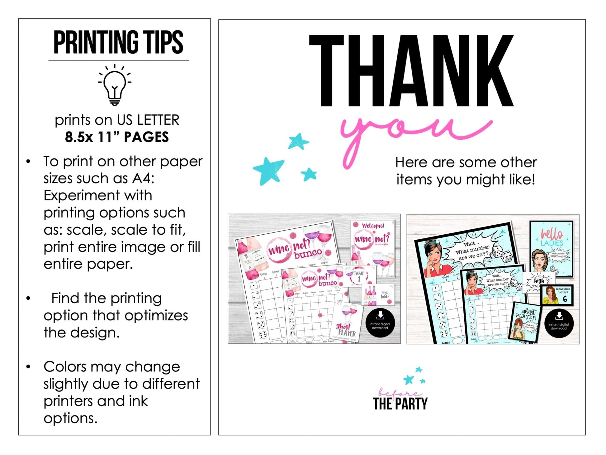 Pajama Party Theme Bunco Score Cards with Editable Invitations, Table Markers, Tally Sheets