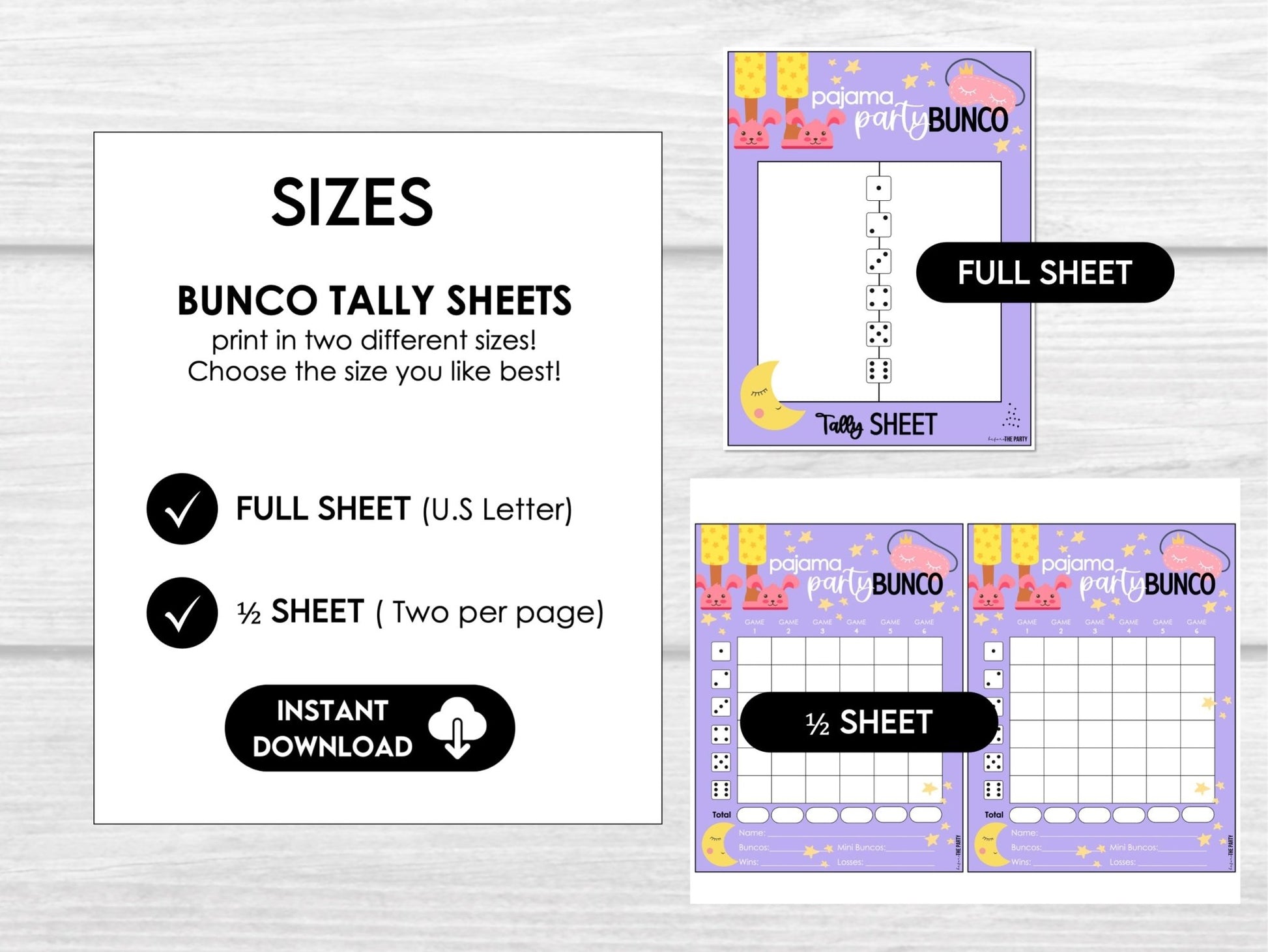 Pajama Party Theme Bunco Score Cards with Editable Invitations, Table Markers, Tally Sheets