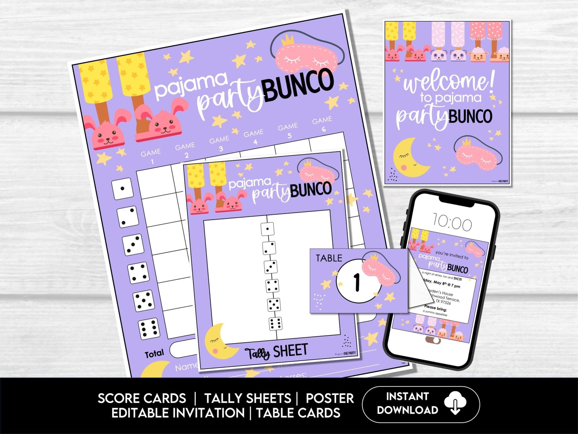 Pajama Party Theme Bunco Score Cards with Editable Invitations, Table Markers, Tally Sheets