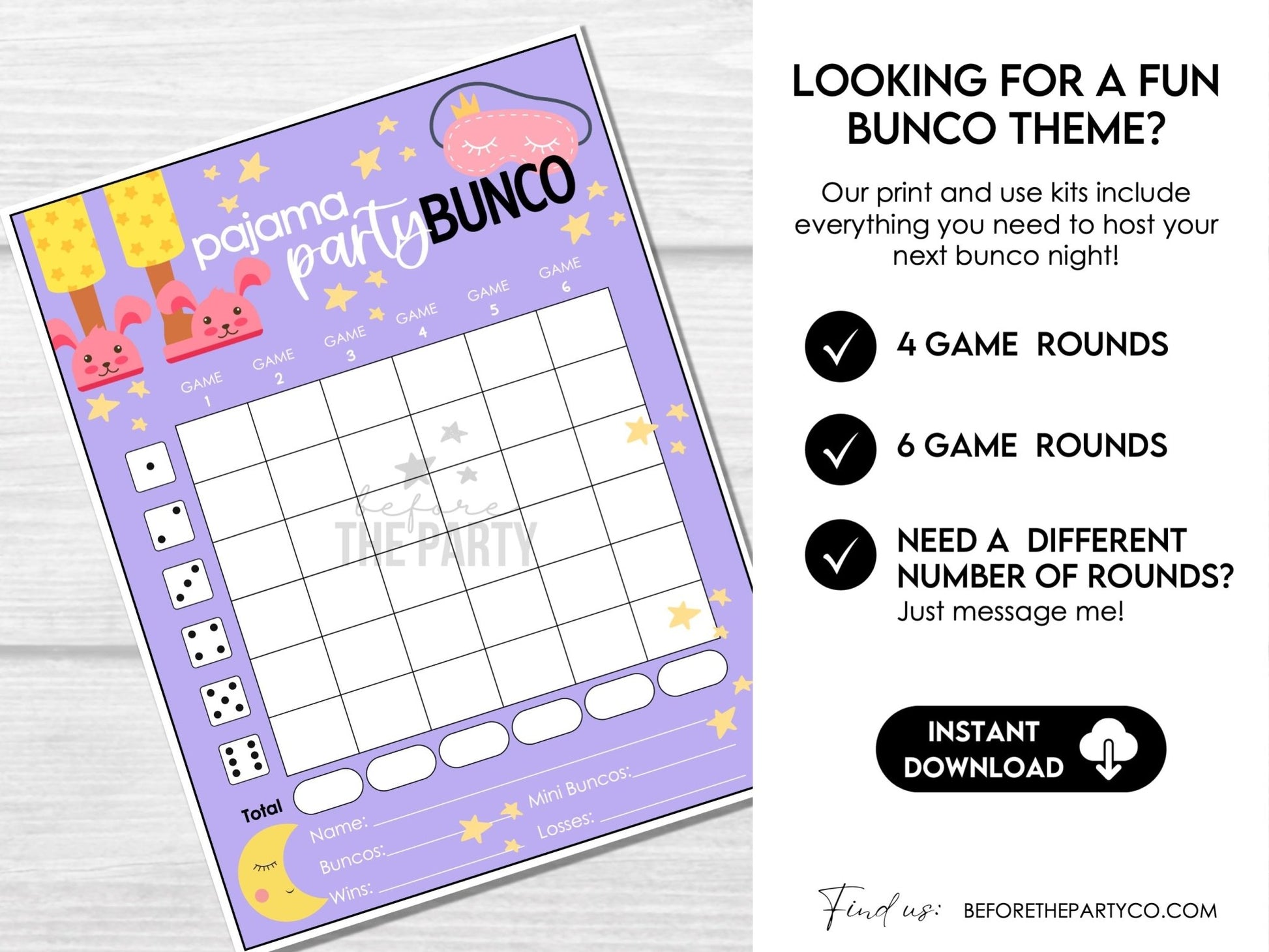 Pajama Party Theme Bunco Score Cards with Editable Invitations, Table Markers, Tally Sheets