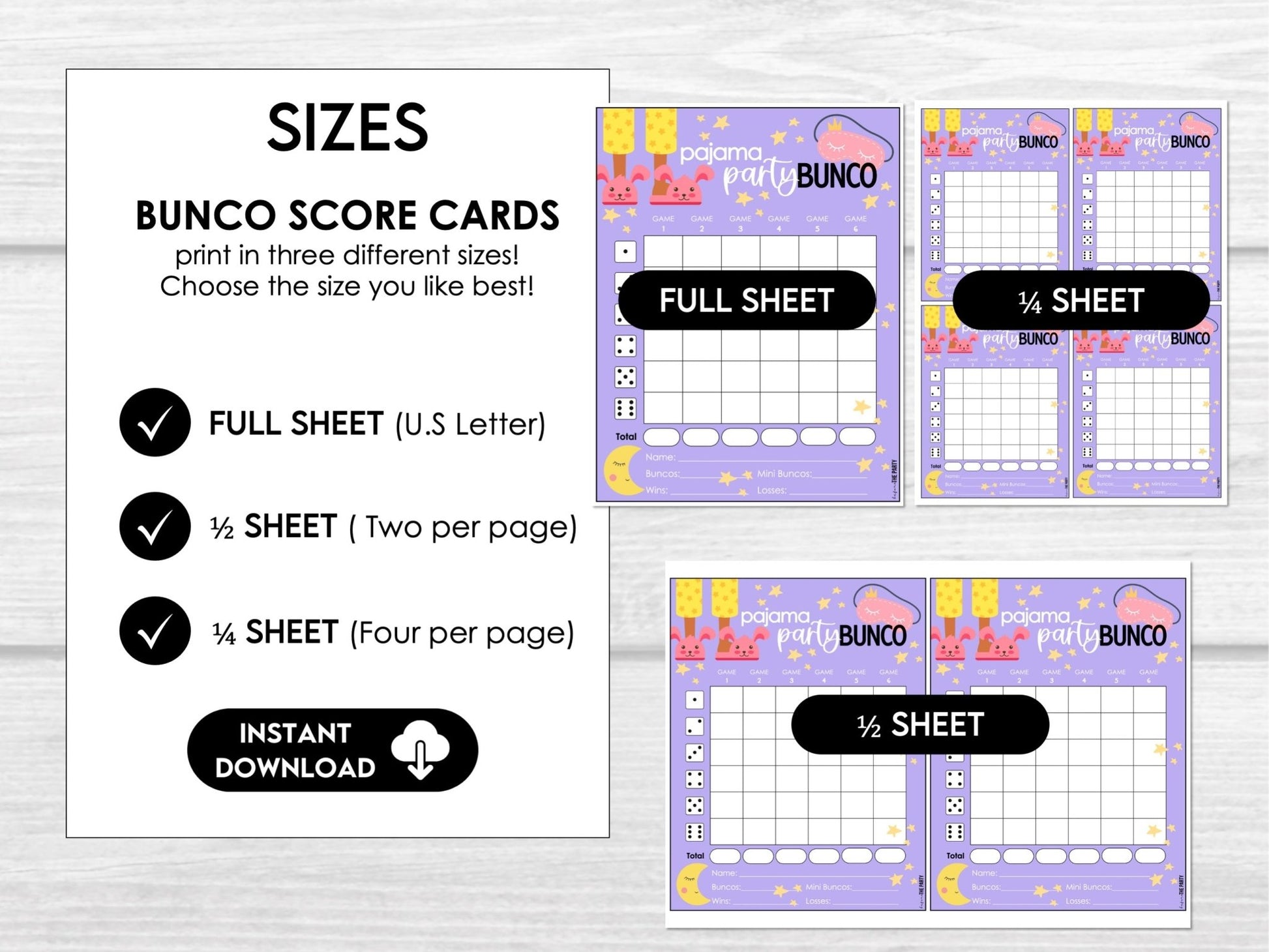 Pajama Party Theme Bunco Score Cards with Editable Invitations, Table Markers, Tally Sheets