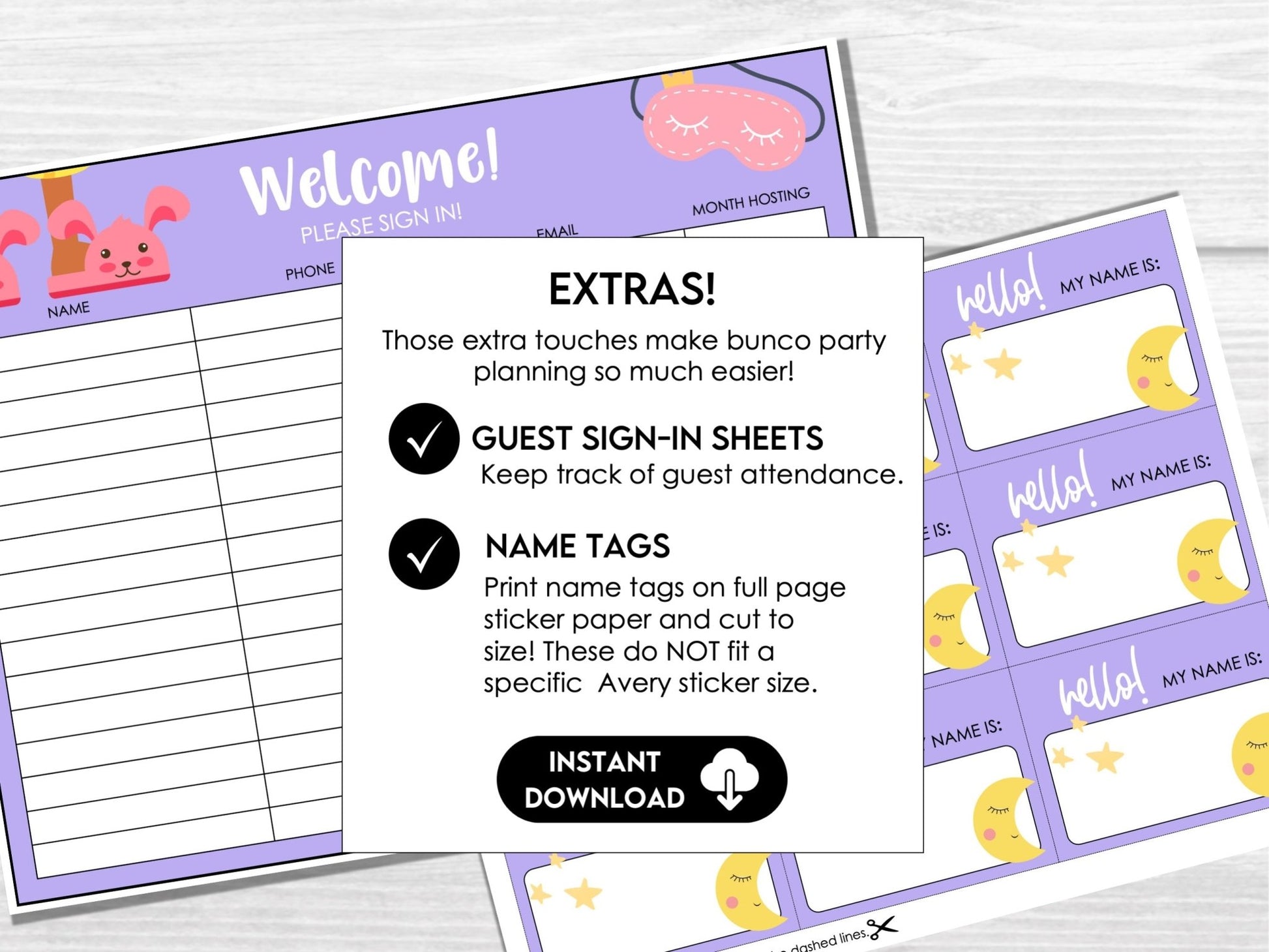 Pajama Party Theme Bunco Score Cards with Editable Invitations, Table Markers, Tally Sheets
