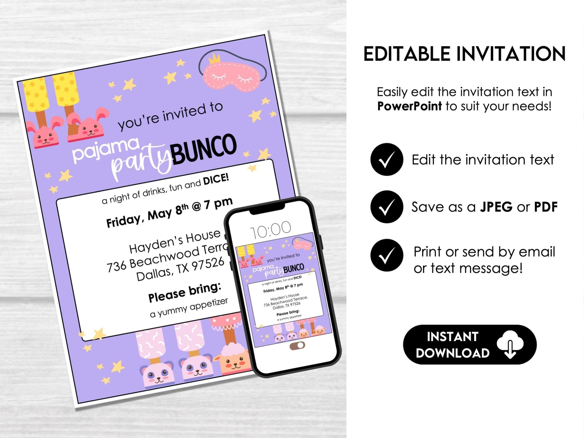 Pajama Party Theme Bunco Score Cards with Editable Invitations, Table Markers, Tally Sheets