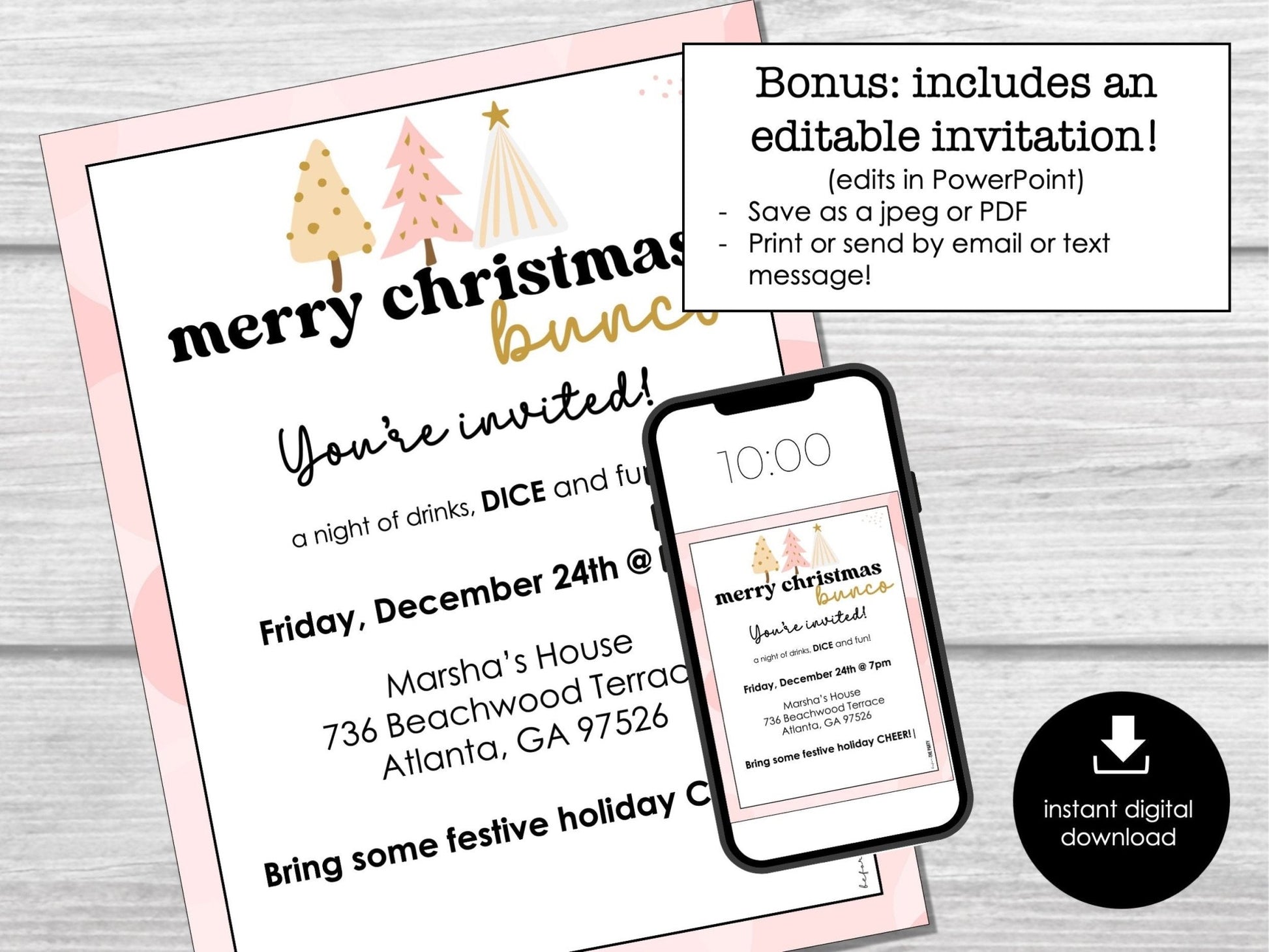 Pink Christmas Bunco Score Sheets, December Bunco Game, Christmas Bunco Invitation