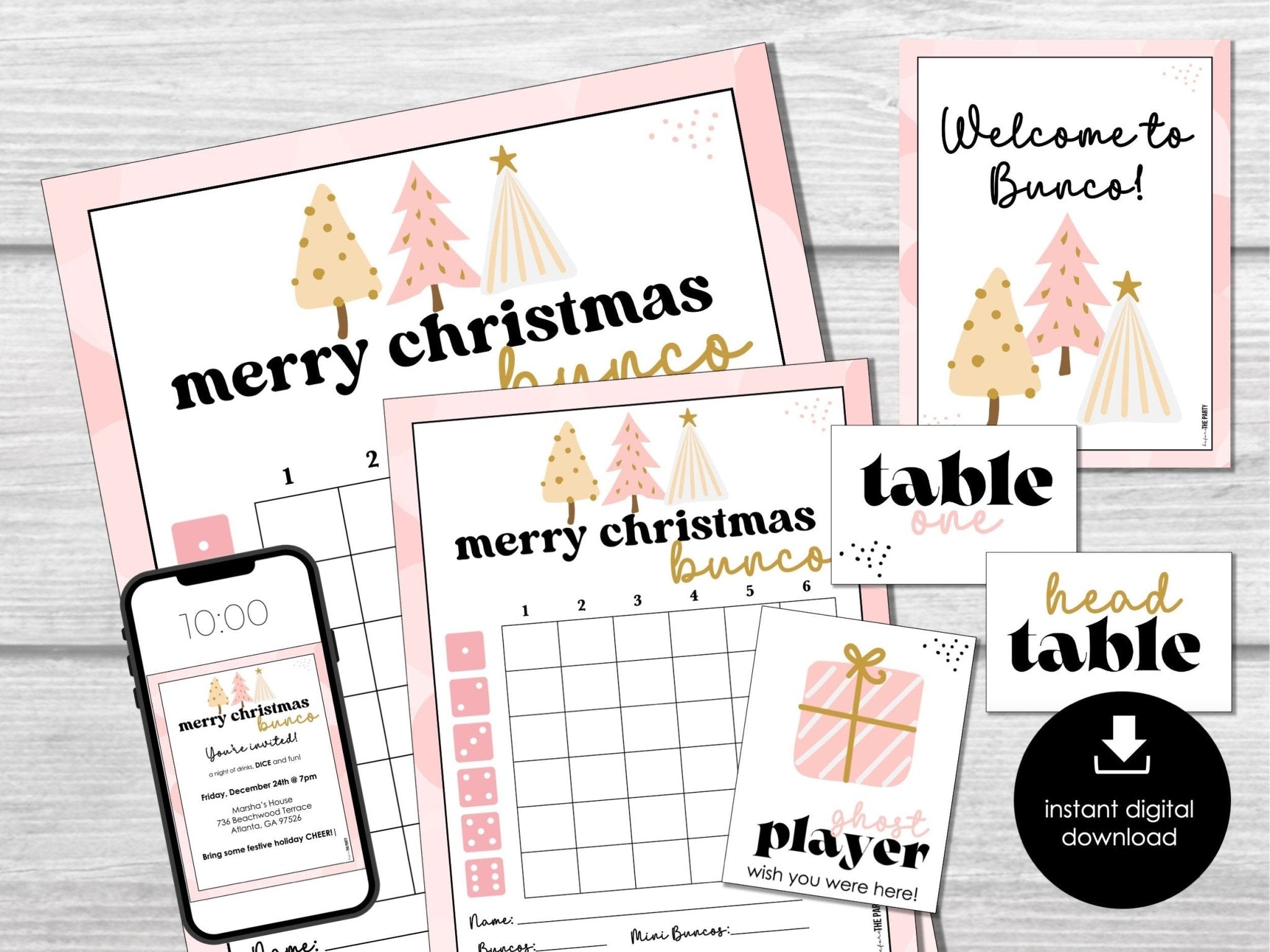 Pink Christmas Bunco Score Sheets, December Bunco Game, Christmas Bunco Invitation