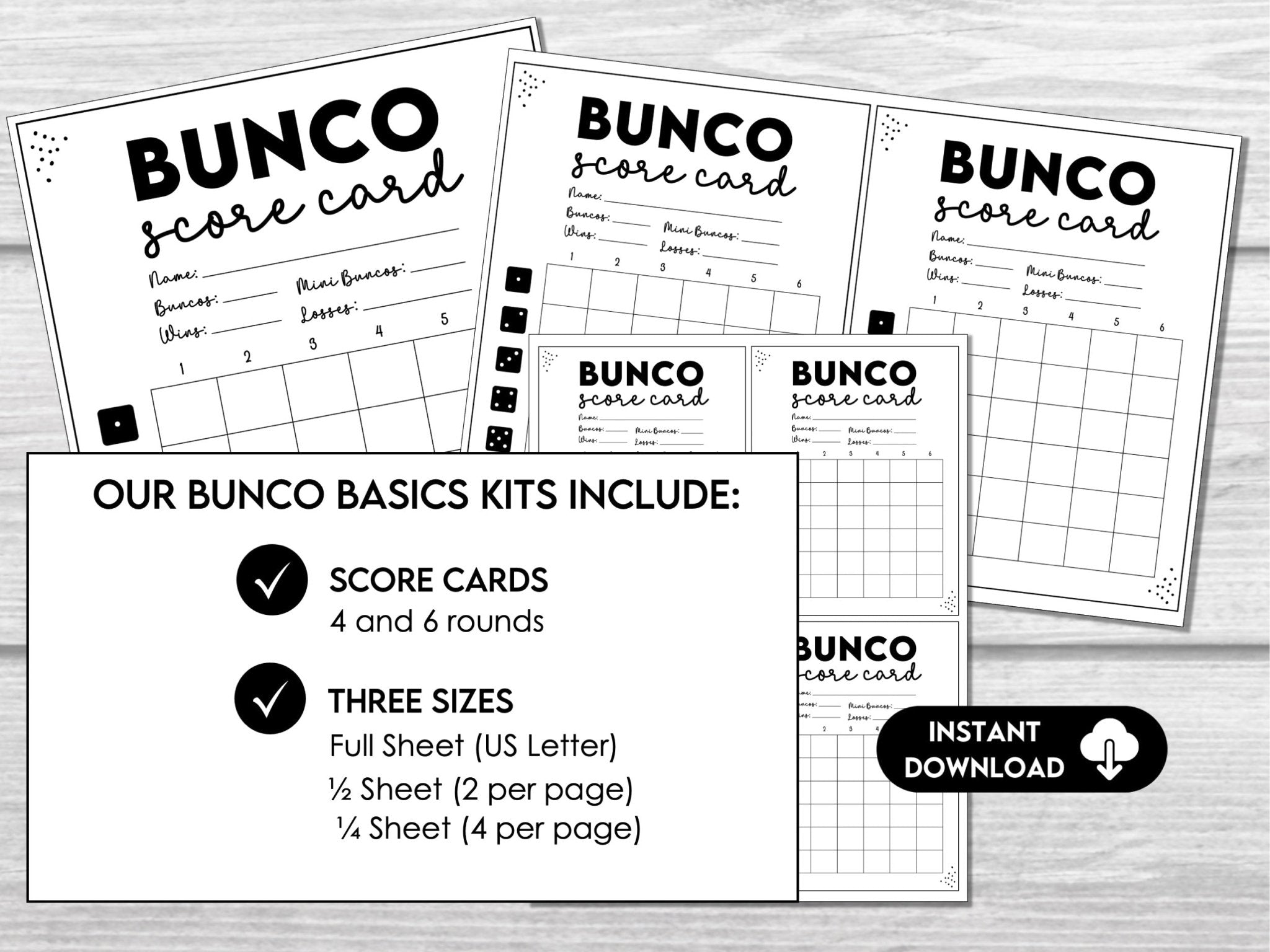 Simple Bunco Score Cards, Minimalist Neutral Bunco Score Sheets, Numbered Table Cards, Tally Sheets