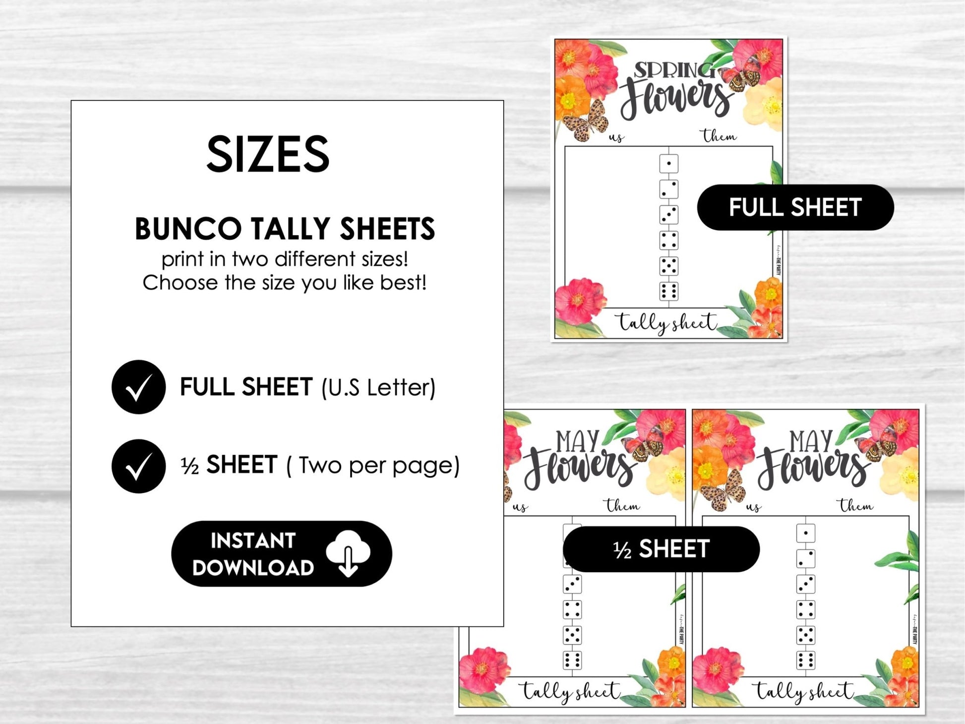 Spring Flowers and Butterflies Bunco Score Cards for April and May BUNKO games