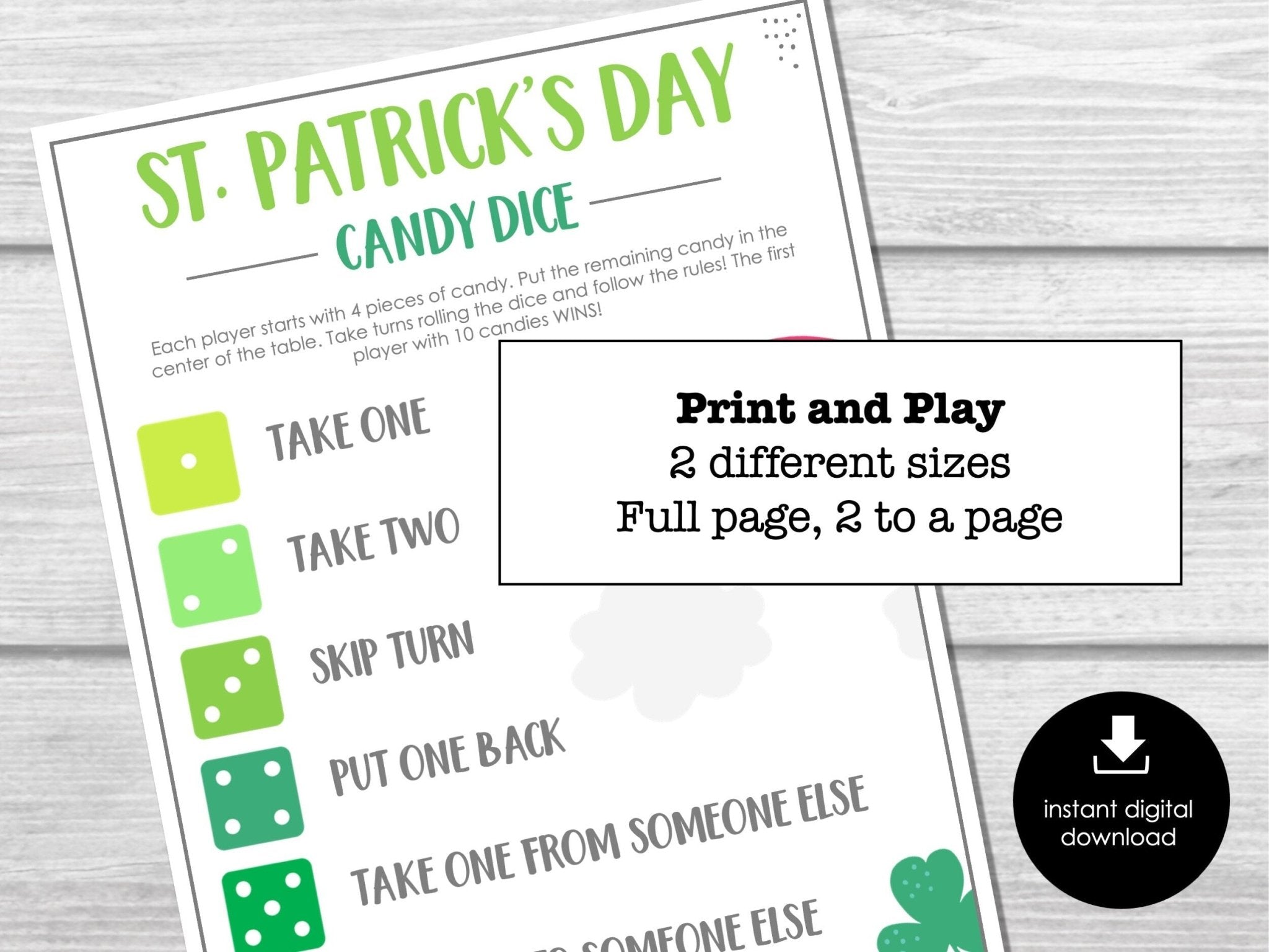 St. Patrick's Candy Dice Game, St. Paddy's Party Game, Dice Game for Kids and Adults, St. Patrick's Day