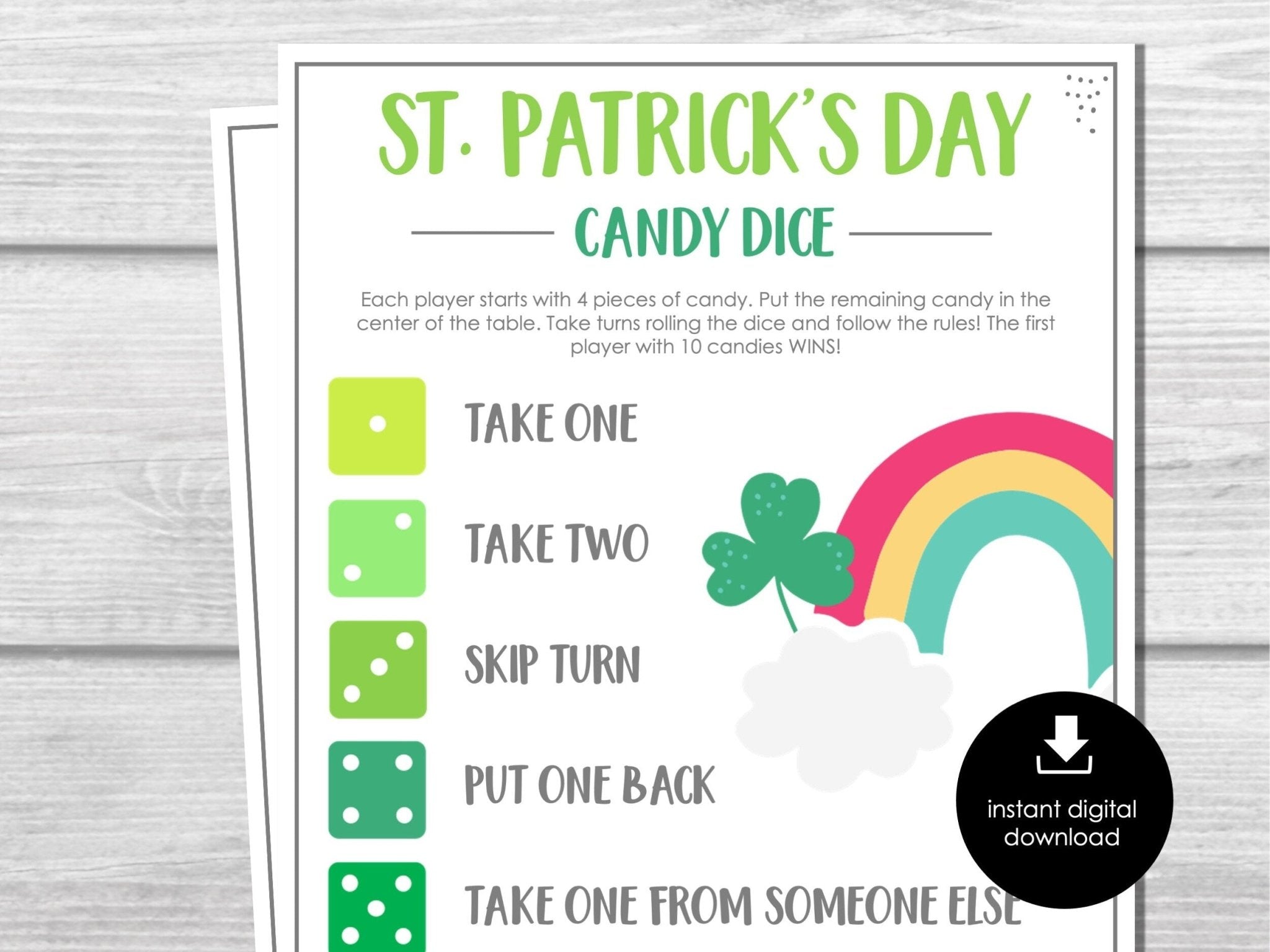 St. Patrick's Candy Dice Game, St. Paddy's Party Game, Dice Game for Kids and Adults, St. Patrick's Day