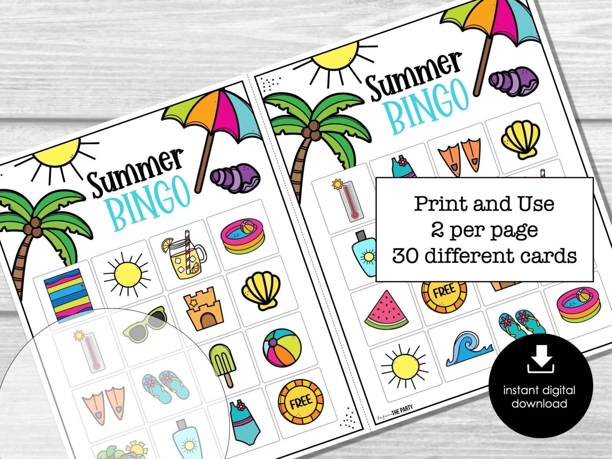 Summer Bingo, Printable Kids Party Game, Summertime Bingo Game, Beach Bingo Cards, Summer Vacation Party Activity