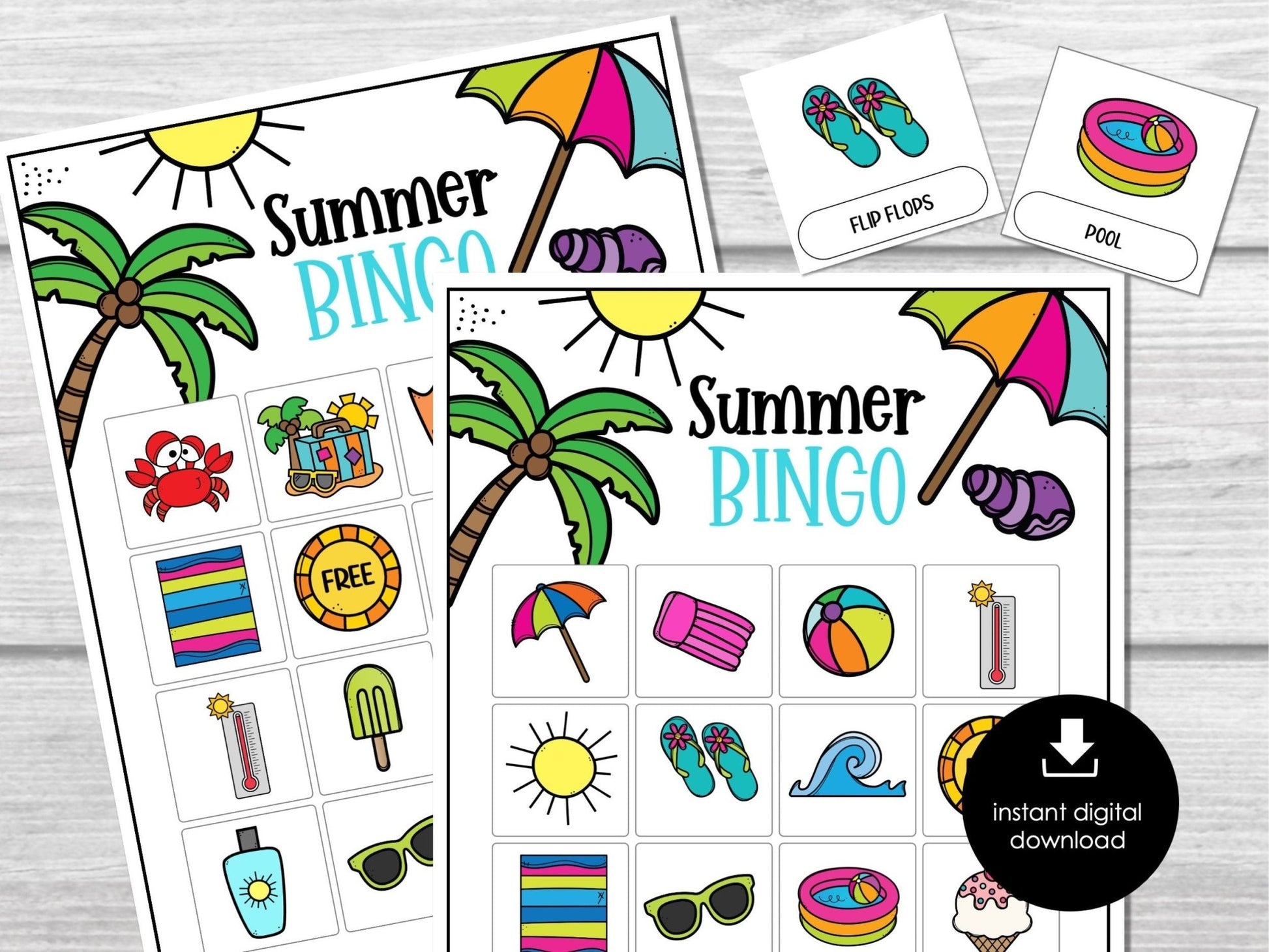 Summer Bingo, Printable Kids Party Game, Summertime Bingo Game, Beach Bingo Cards, Summer Vacation Party Activity