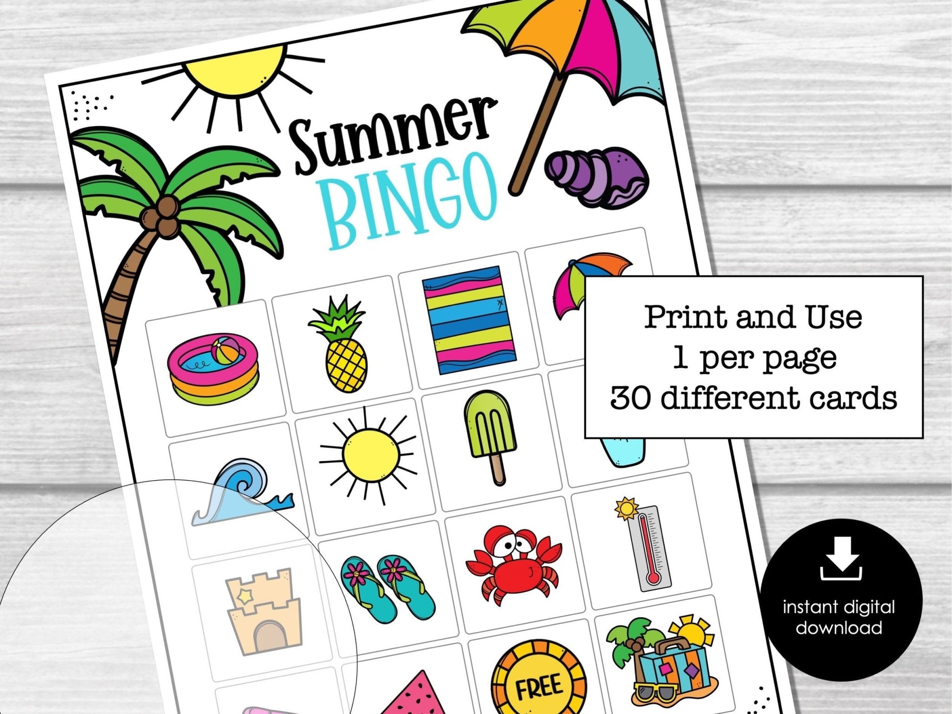 Summer Bingo, Printable Kids Party Game, Summertime Bingo Game, Beach Bingo Cards, Summer Vacation Party Activity