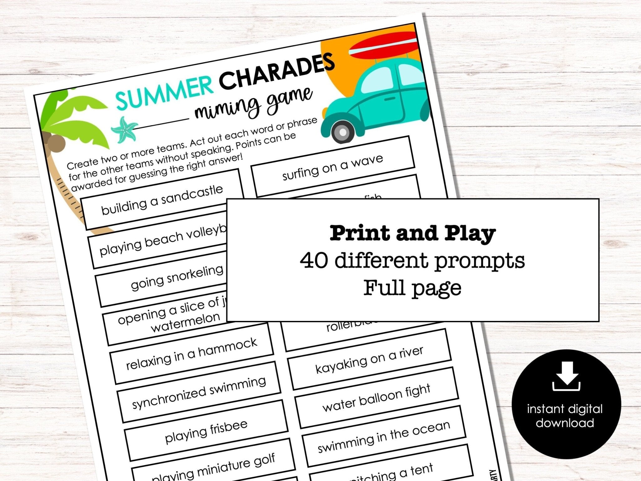 Summer Charades Party Game for Kids, Action Charades, Miming Game, Summertime, Fun Printable Party Game