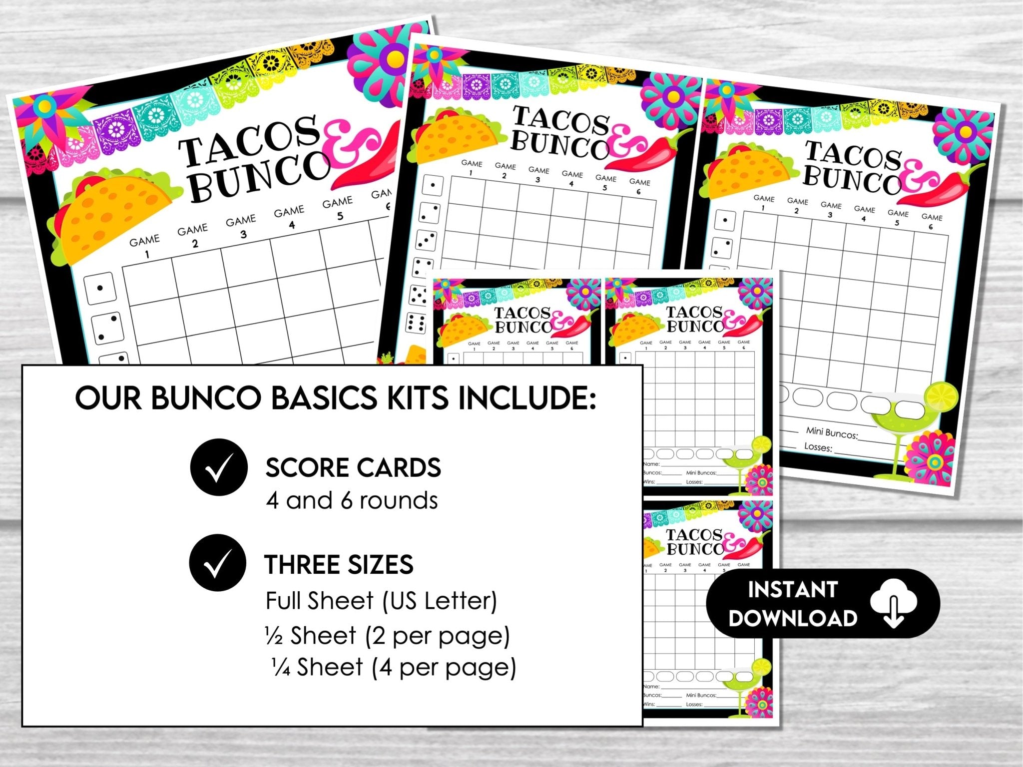 Taco Night Bunco Scorecards and Tally Sheets, Mexican Party Bunco