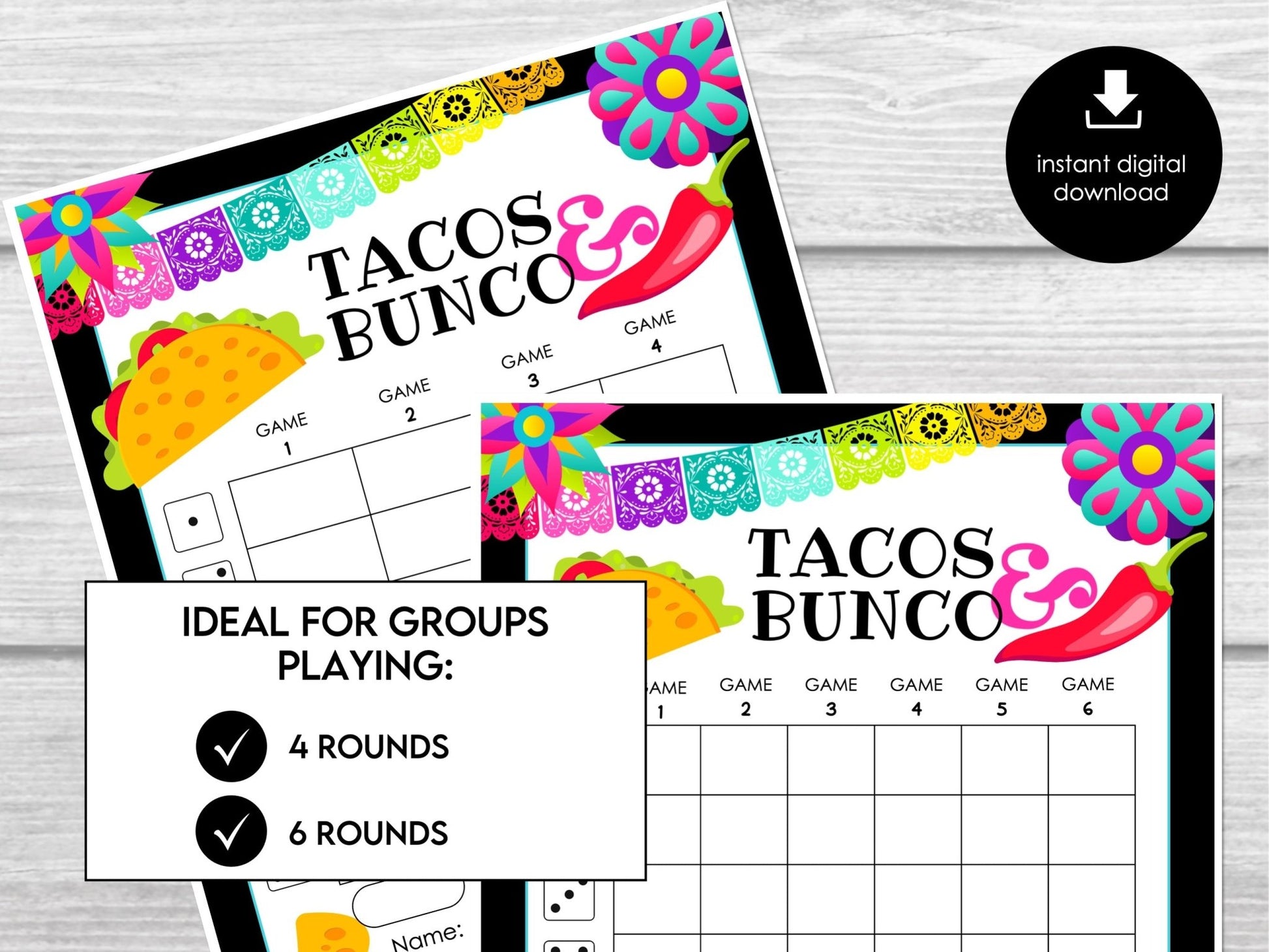 Taco Night Bunco Scorecards and Tally Sheets, Mexican Party Bunco