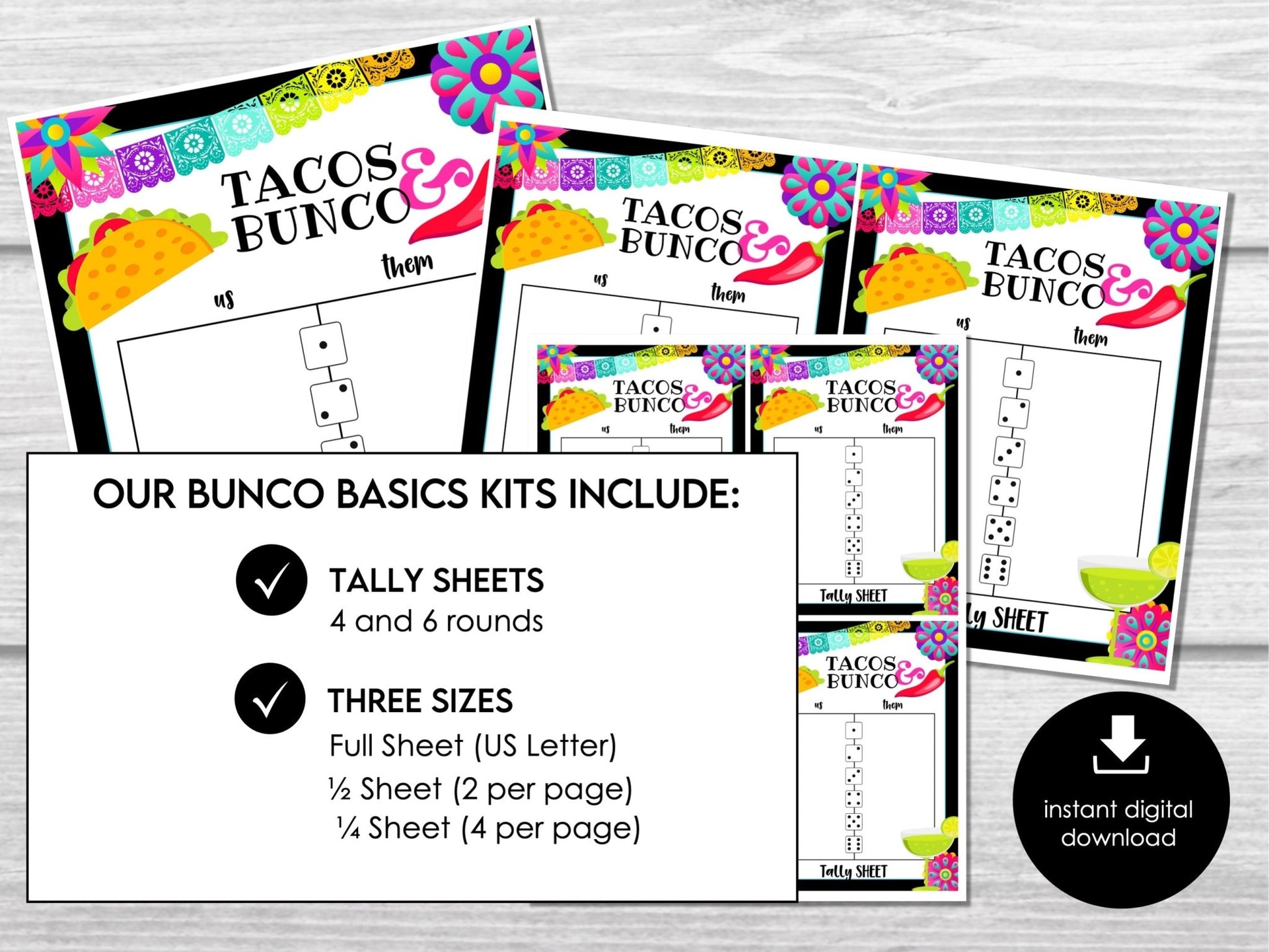 Taco Night Bunco Scorecards and Tally Sheets, Mexican Party Bunco