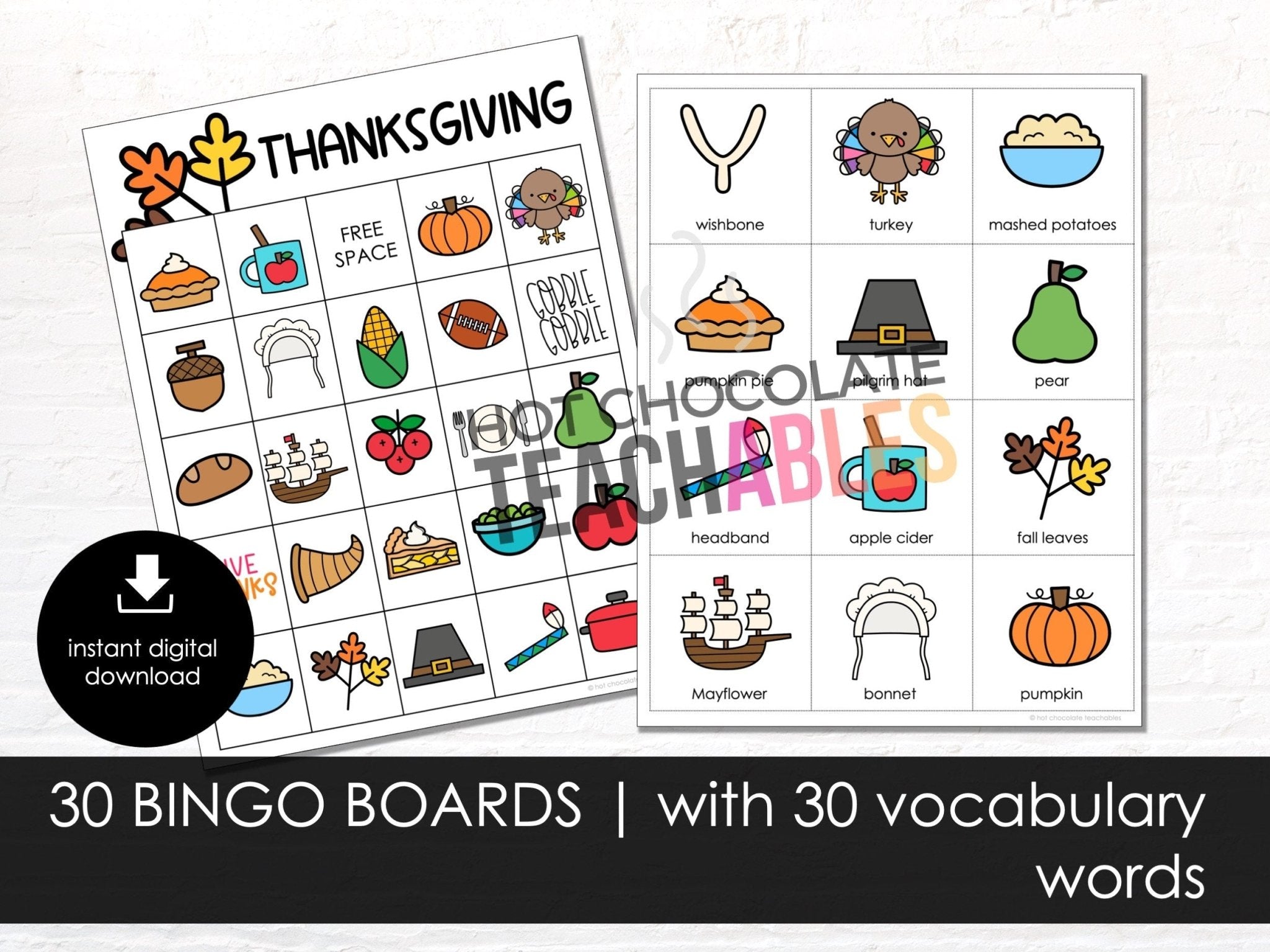 Thanksgiving Bingo, 30 Bingo Cards, Kids Thanksgiving Activity, Thanksgiving Printable, Thanksgiving Vocabulary