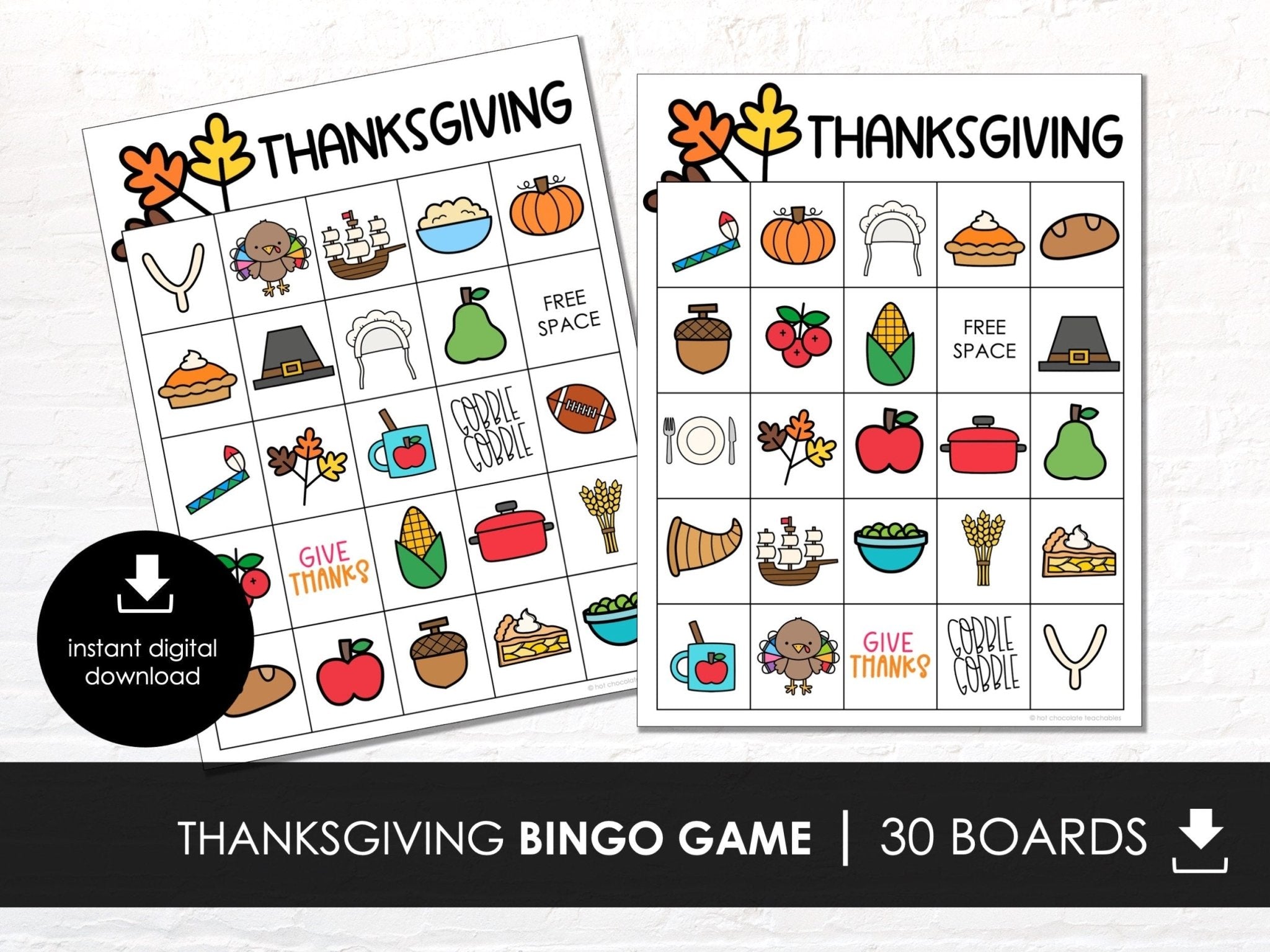 Thanksgiving Bingo, 30 Bingo Cards, Kids Thanksgiving Activity, Thanksgiving Printable, Thanksgiving Vocabulary