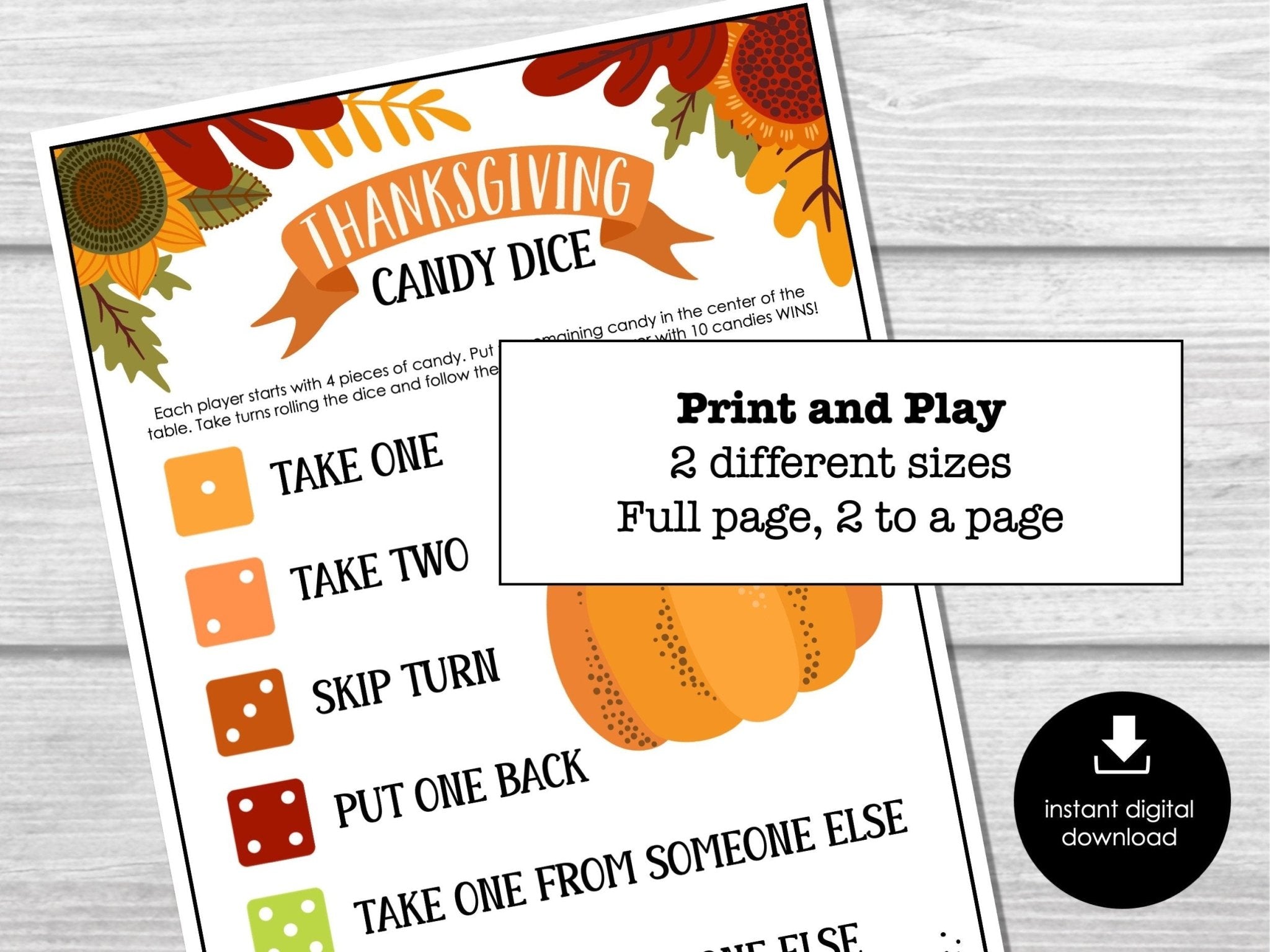 Thanksgiving Dice Game, Friendsgiving Party Game, Printable Dice Game for Kids & Adults, School party game