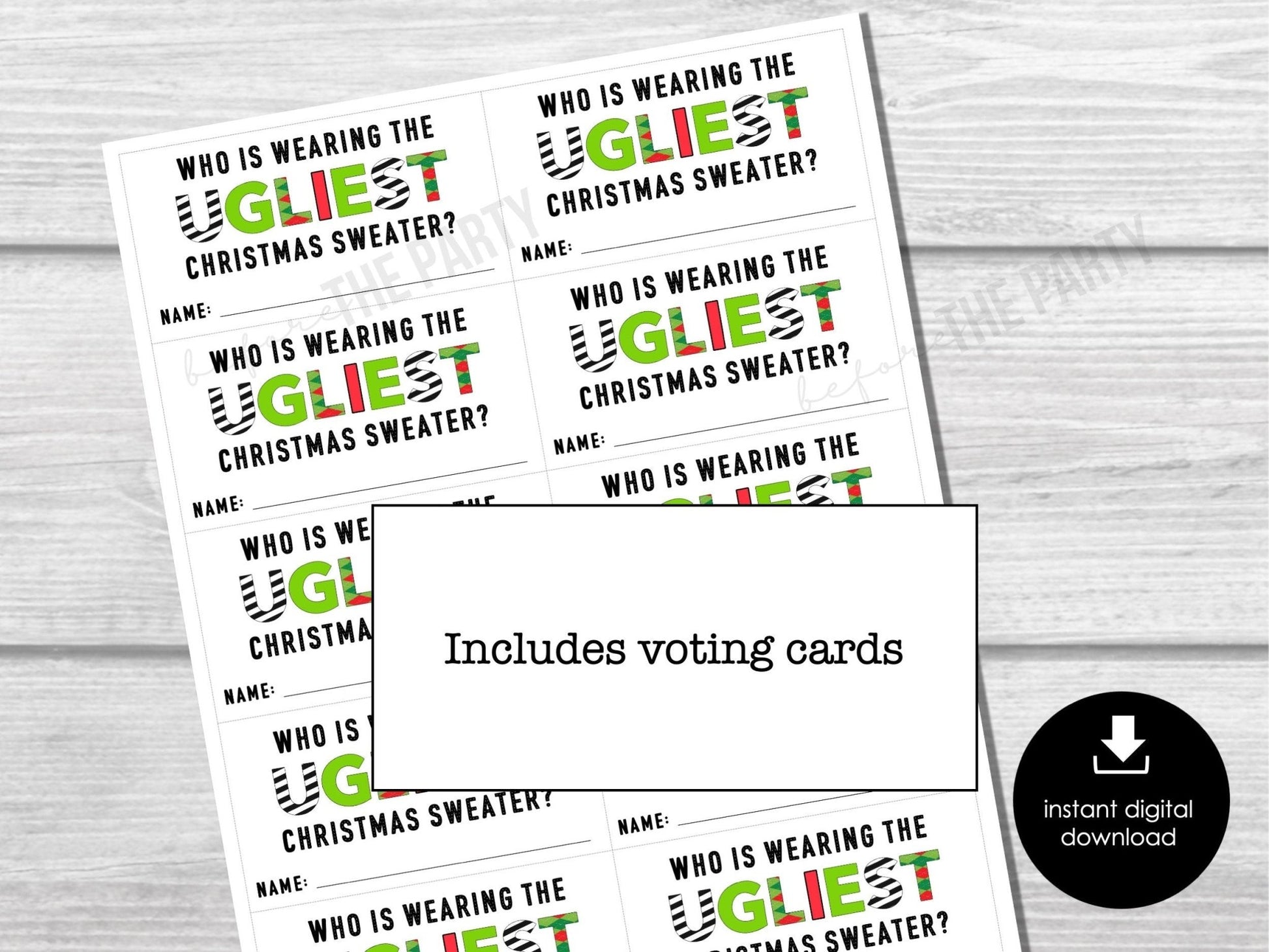 Ugly Sweater Voting Ballots, Ugliest Sweater Vote Cards, Fun Christmas Ugly Sweater Party Printables, Office Party, Certificate and Ballot
