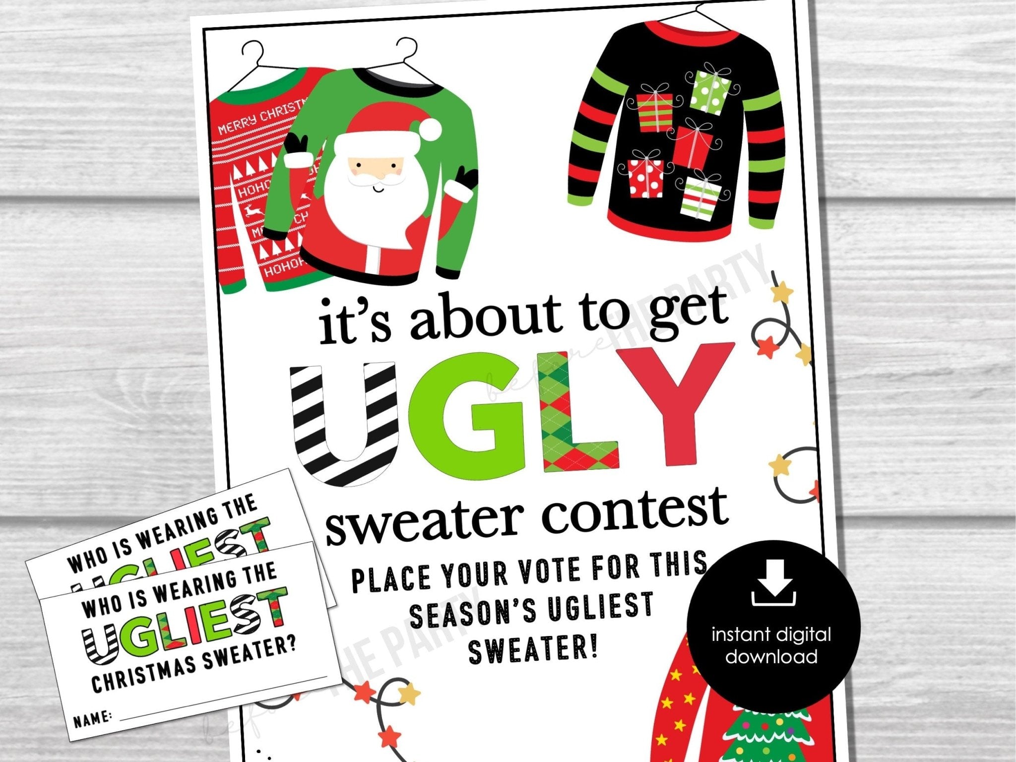 Ugly Sweater Voting Ballots, Ugliest Sweater Vote Cards, Fun Christmas Ugly Sweater Party Printables, Office Party, Certificate and Ballot