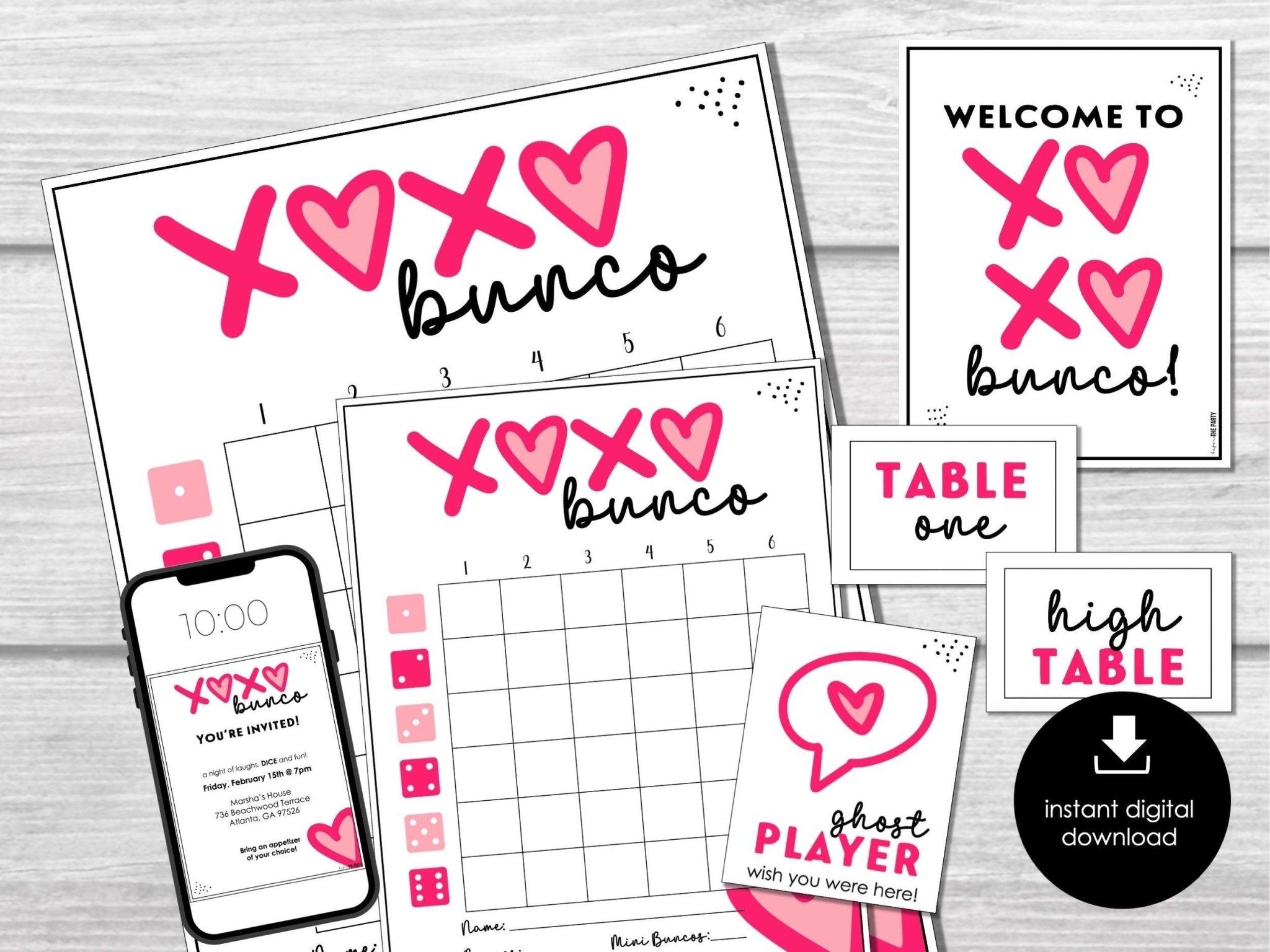 Valentines Day Bunco Score Cards, February Bunco Score Sheets, Bunco Invitation