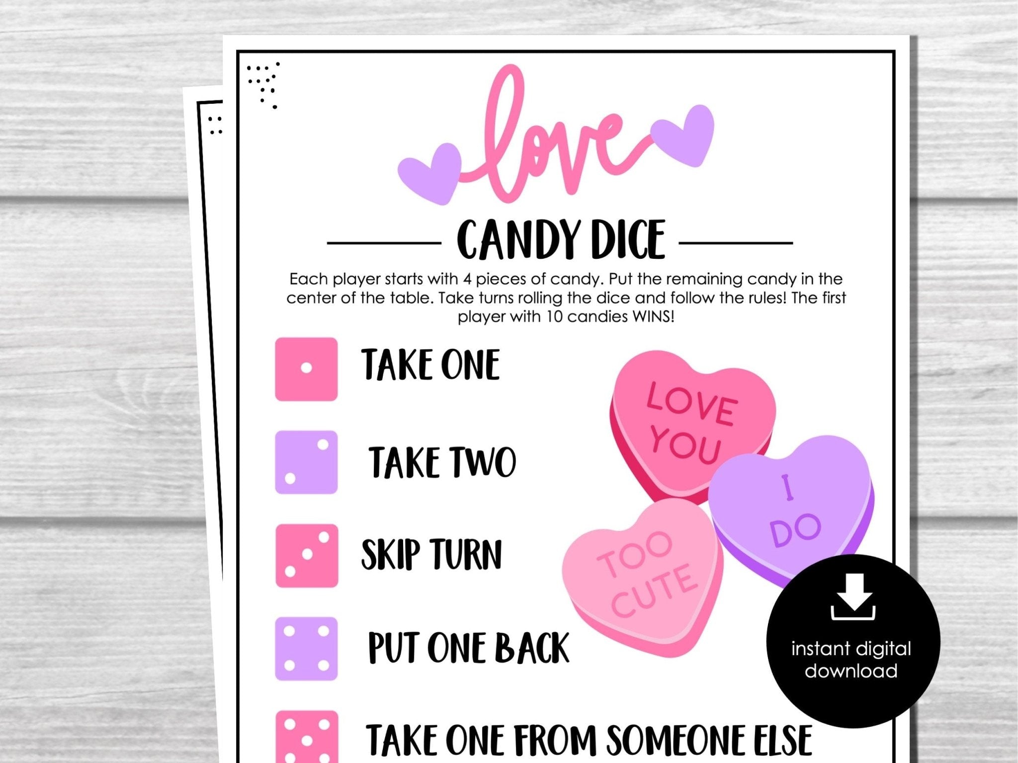 Valentine's Day Candy Dice Game, Valentine Party Game for Kids, Easy Kids Games, Fun VDAY Classroom Candy Game, Easy Pass the Candy Game
