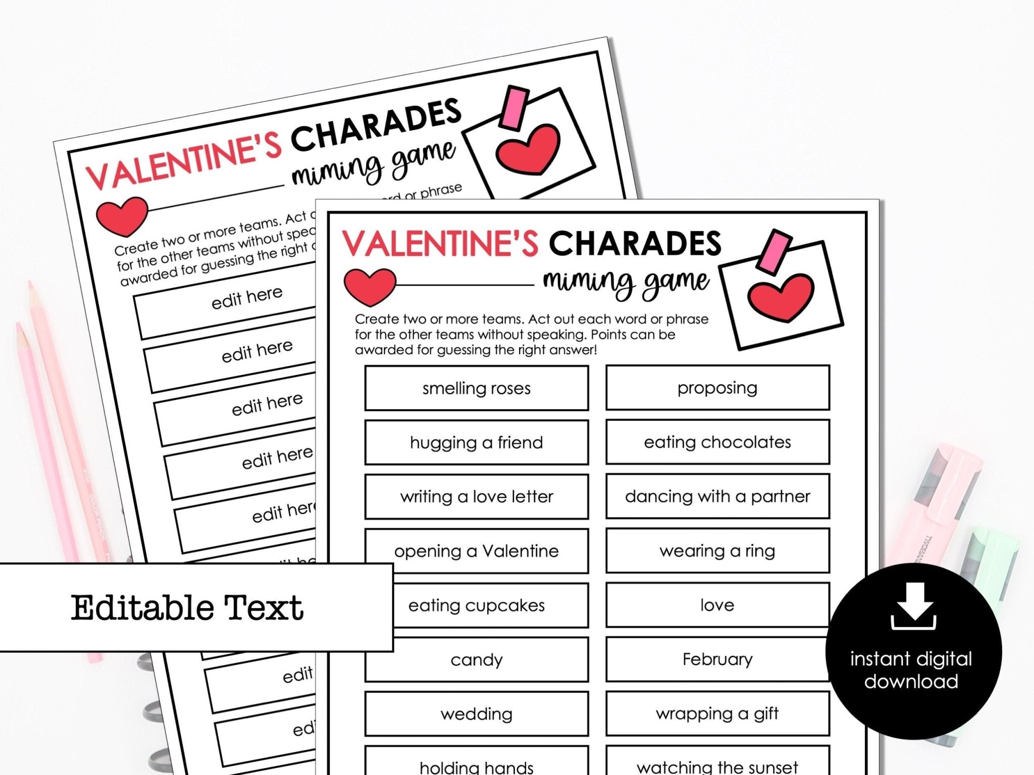 Valentine's Day Charades Party Game for Kids, Classroom Charades Holiday Miming Game - Editable