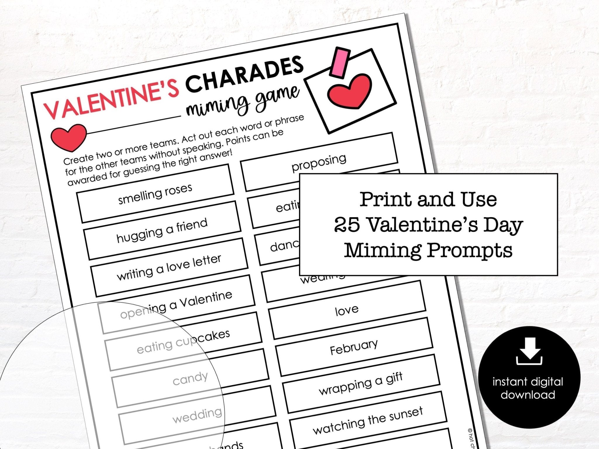 Valentine's Day Charades Party Game for Kids, Classroom Charades Holiday Miming Game - Editable